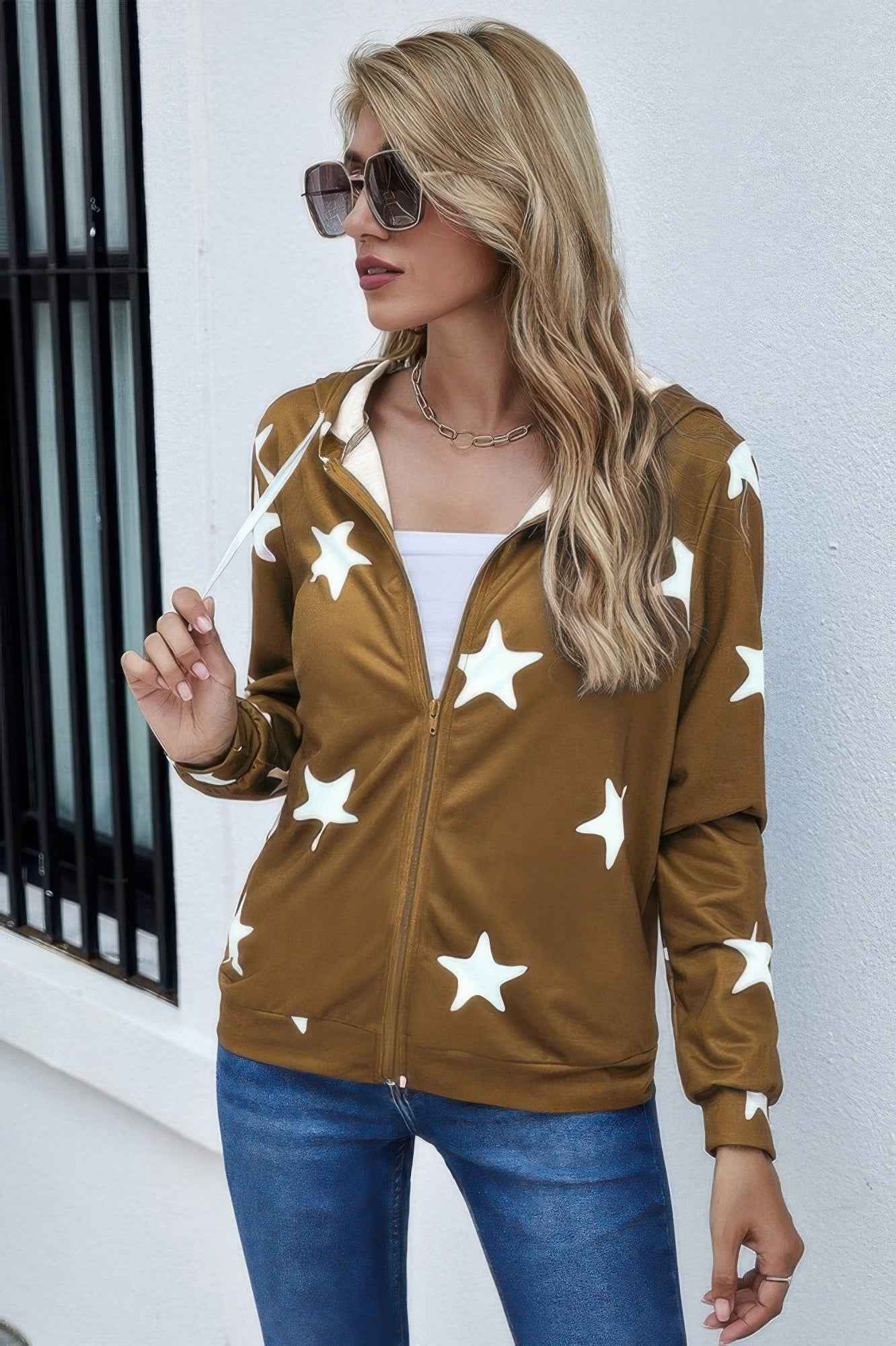 Stars Print Zip Up Long Sleeve Drawstring Hoodie Stars Print Zip Up Long Sleeve Drawstring Hoodie