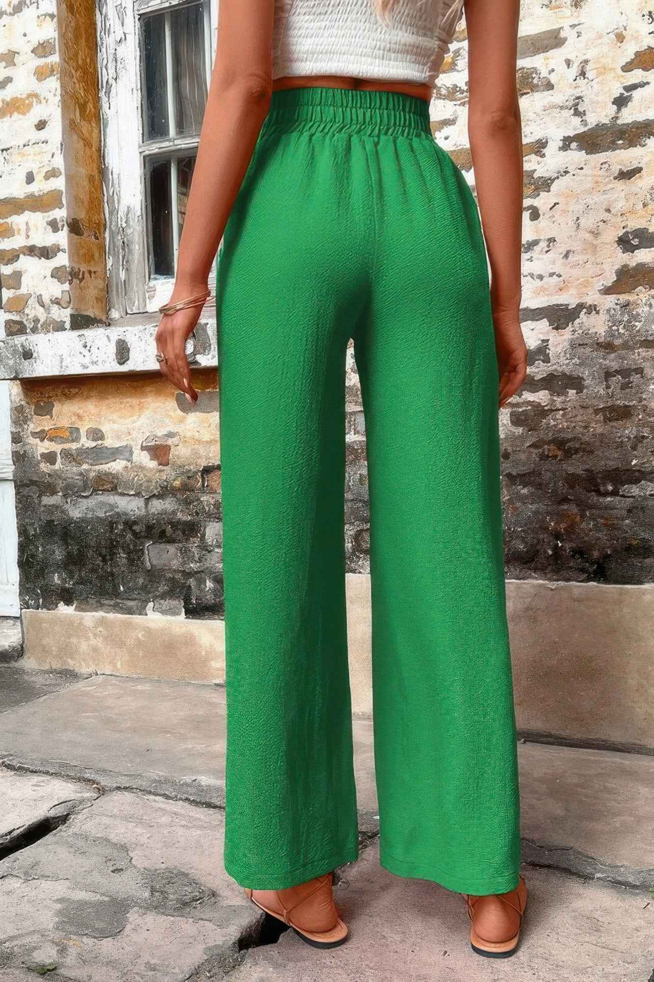 Solid Elegant Wide Leg Drawstring Waist Pockets Pant Solid Elegant Wide Leg Drawstring Waist Pockets Pant