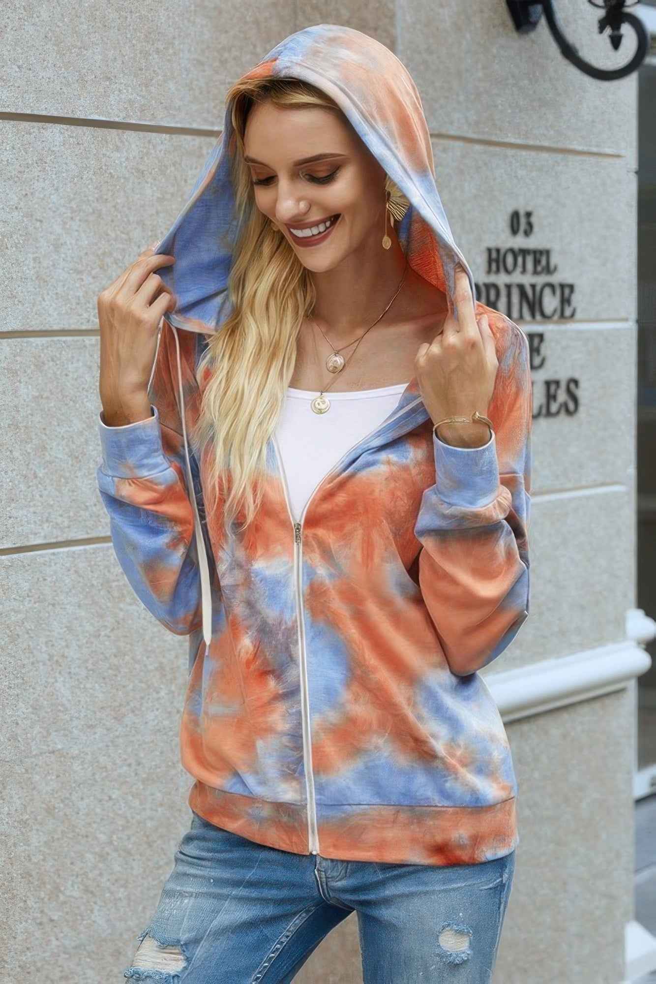 Tie Dye Full Zip Drawstring Hoodie Tie Dye Full Zip Drawstring Hoodie