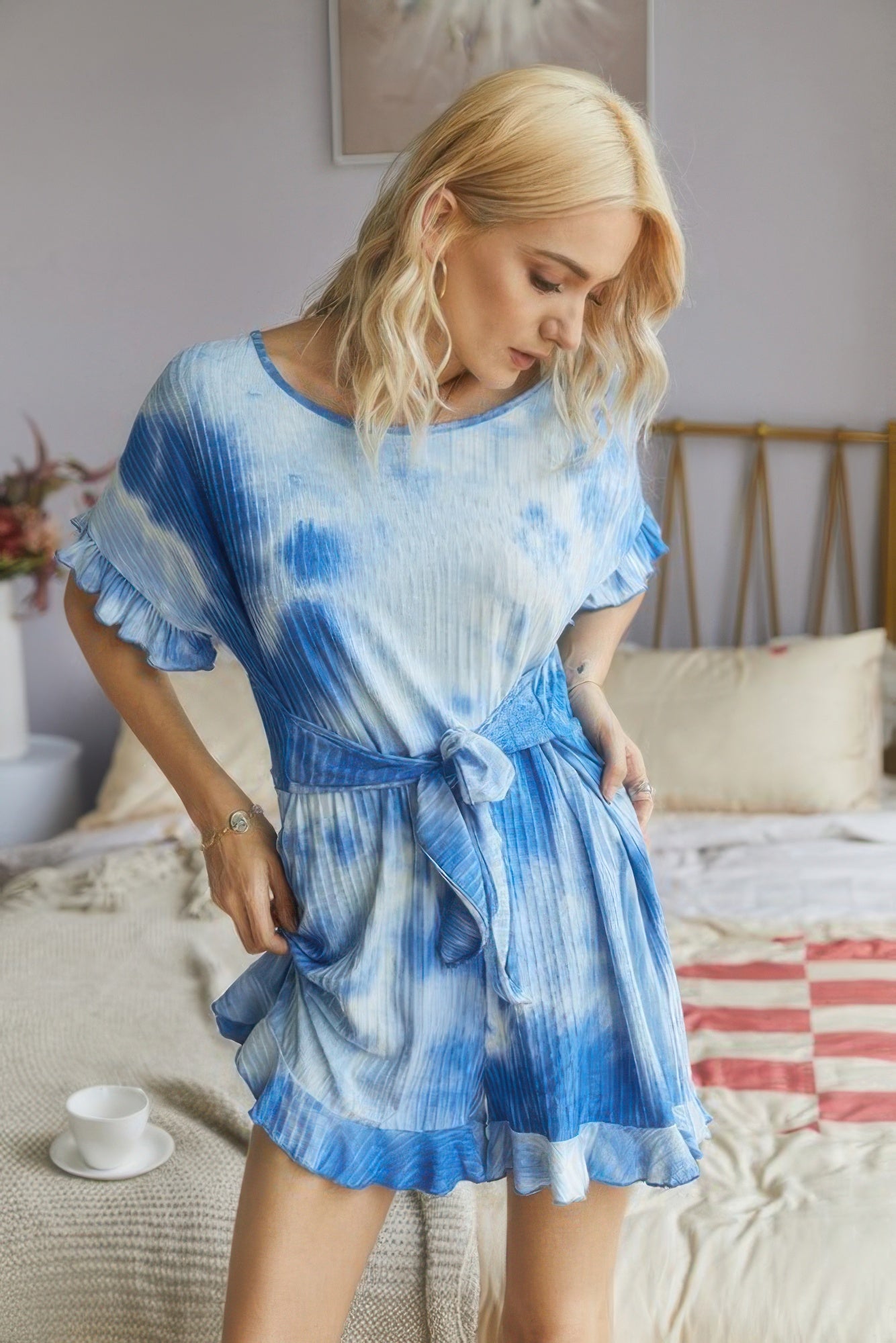 Tie Dye Ribbed Ruffle Tie Waist Pleated Romper product image