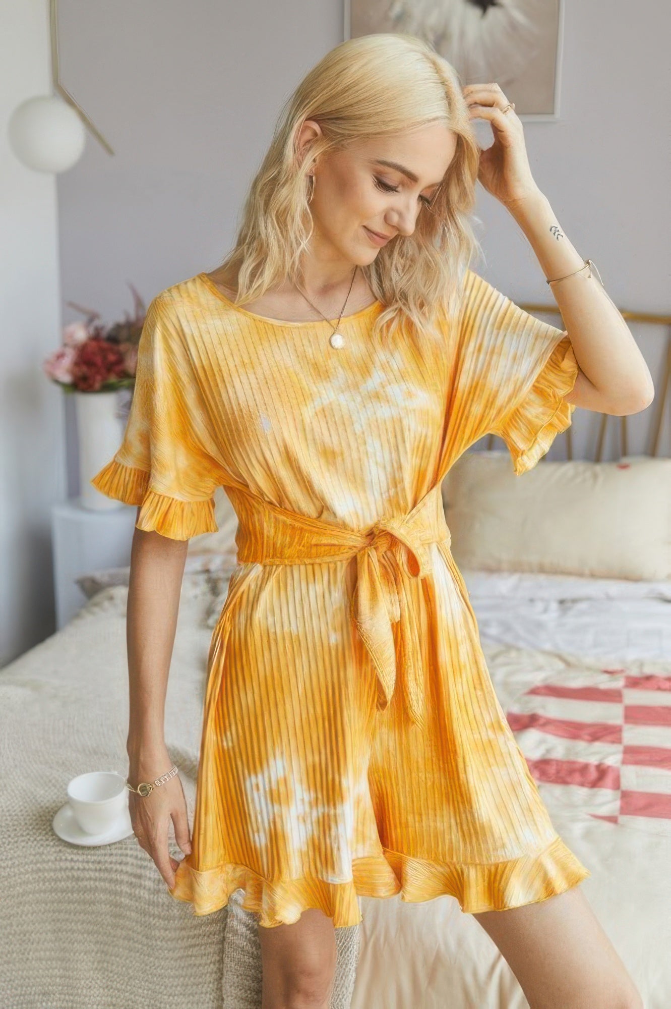 Tie Dye Ribbed Ruffle Tie Waist Pleated Romper product image