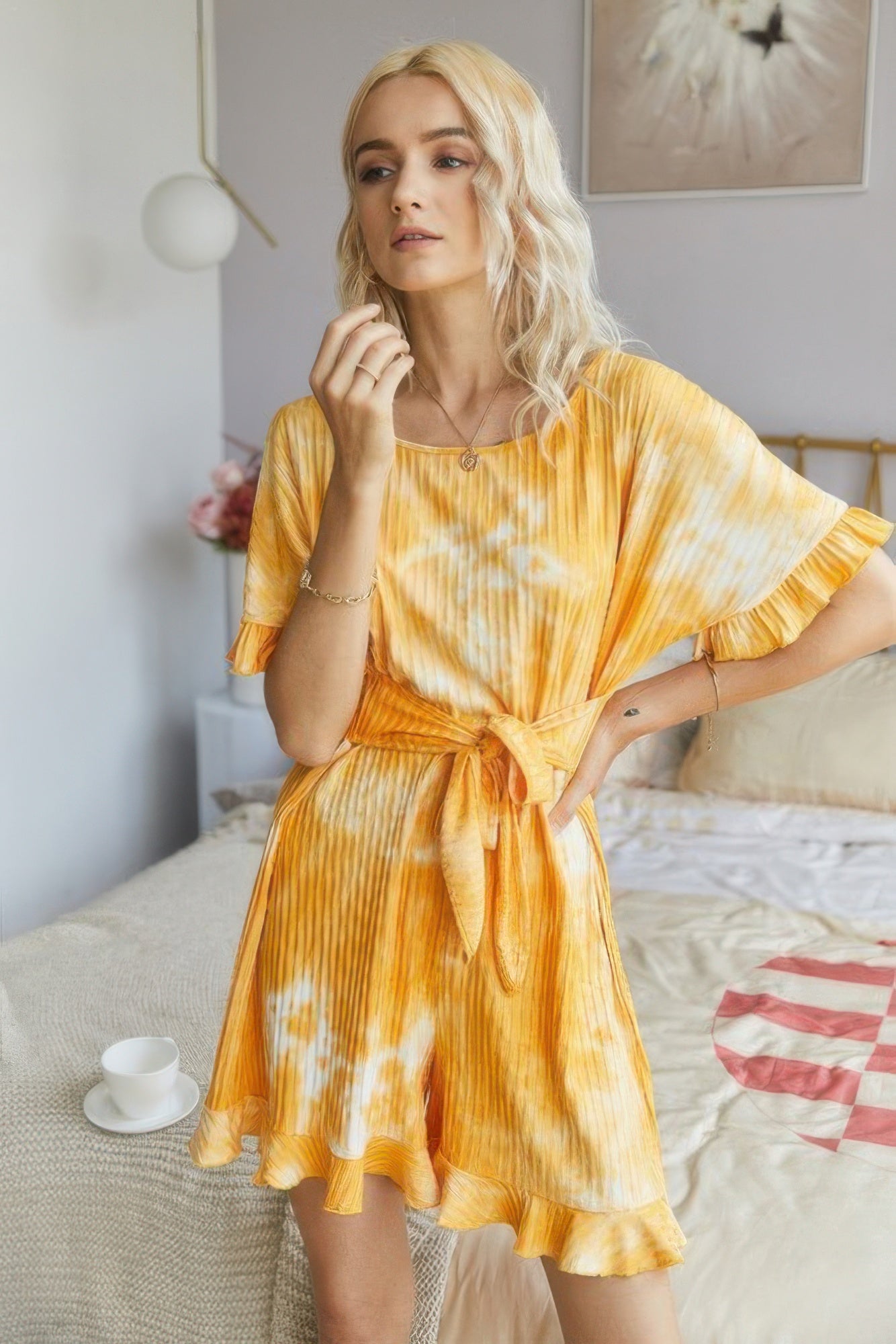 Tie Dye Ribbed Ruffle Tie Waist Pleated Romper product image