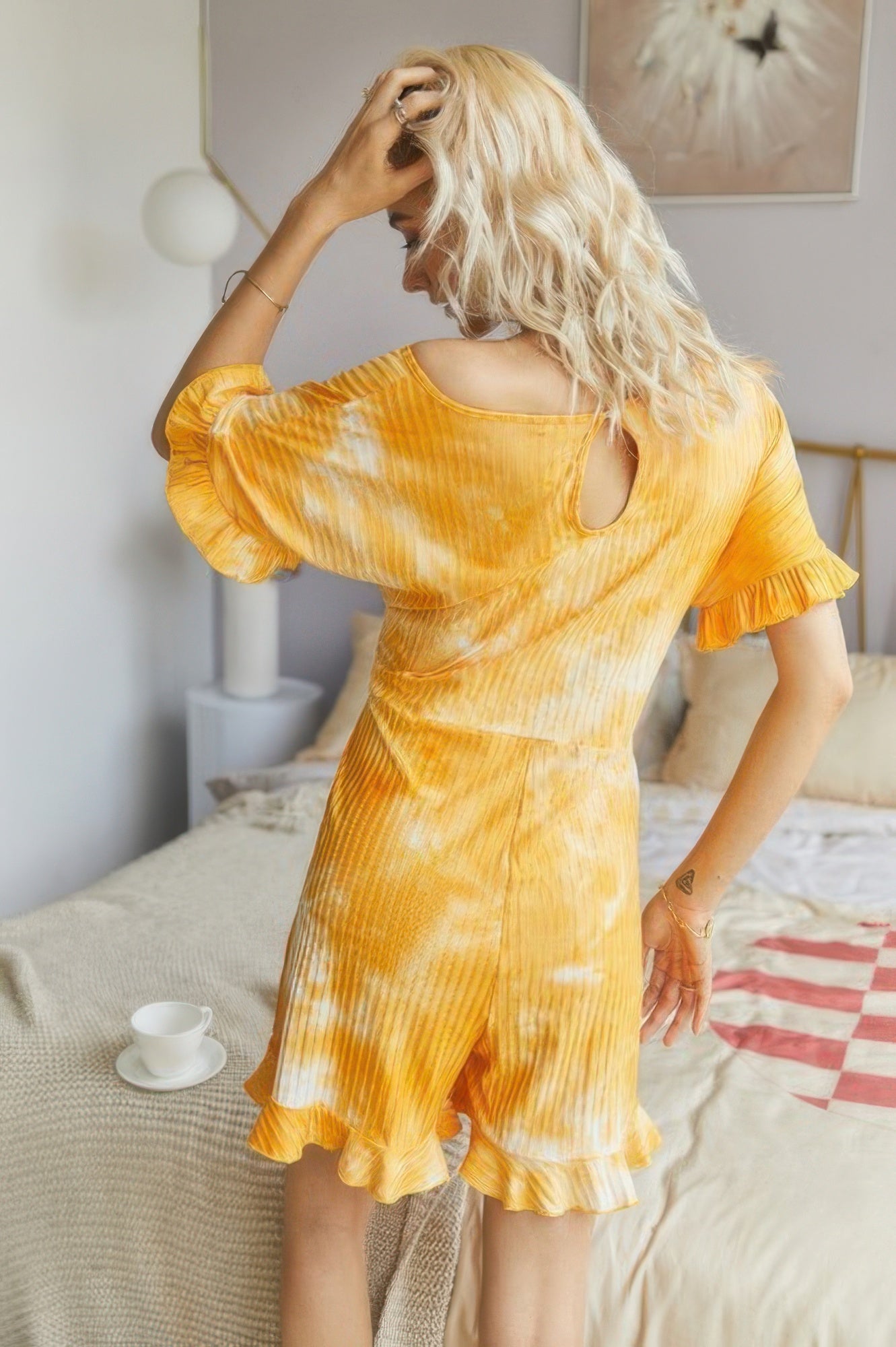 Tie Dye Ribbed Ruffle Tie Waist Pleated Romper product image