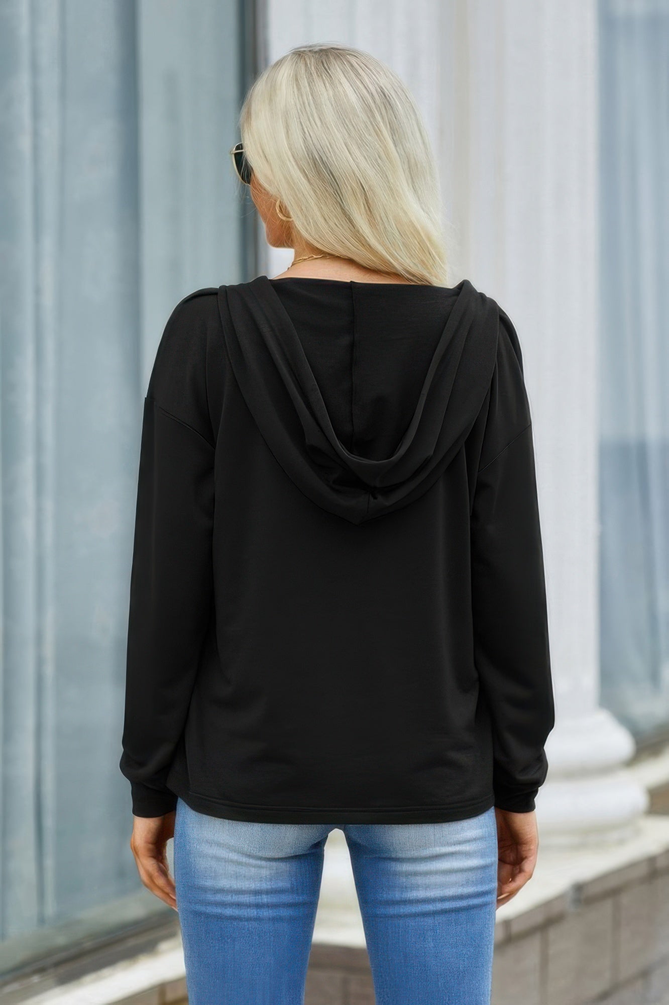 Solid Lace Trim Long Sleeve Loose Hoodie product image