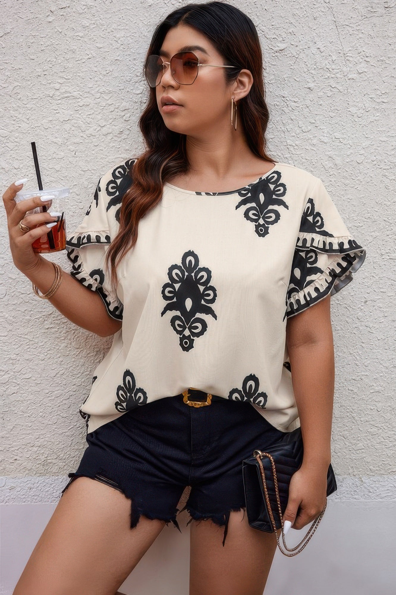 Plus Printed Ruffle Hem Wide Round Neck Blouse product image