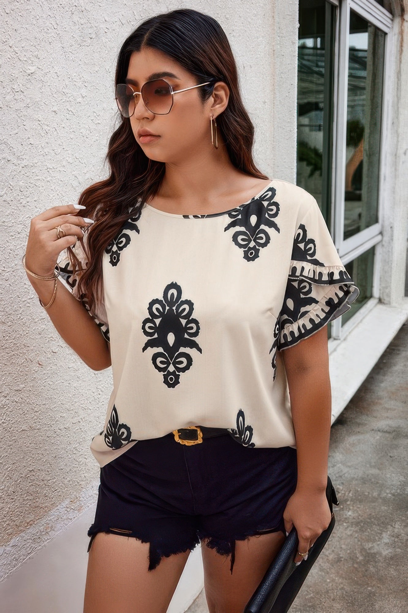 Plus Printed Ruffle Hem Wide Round Neck Blouse product image