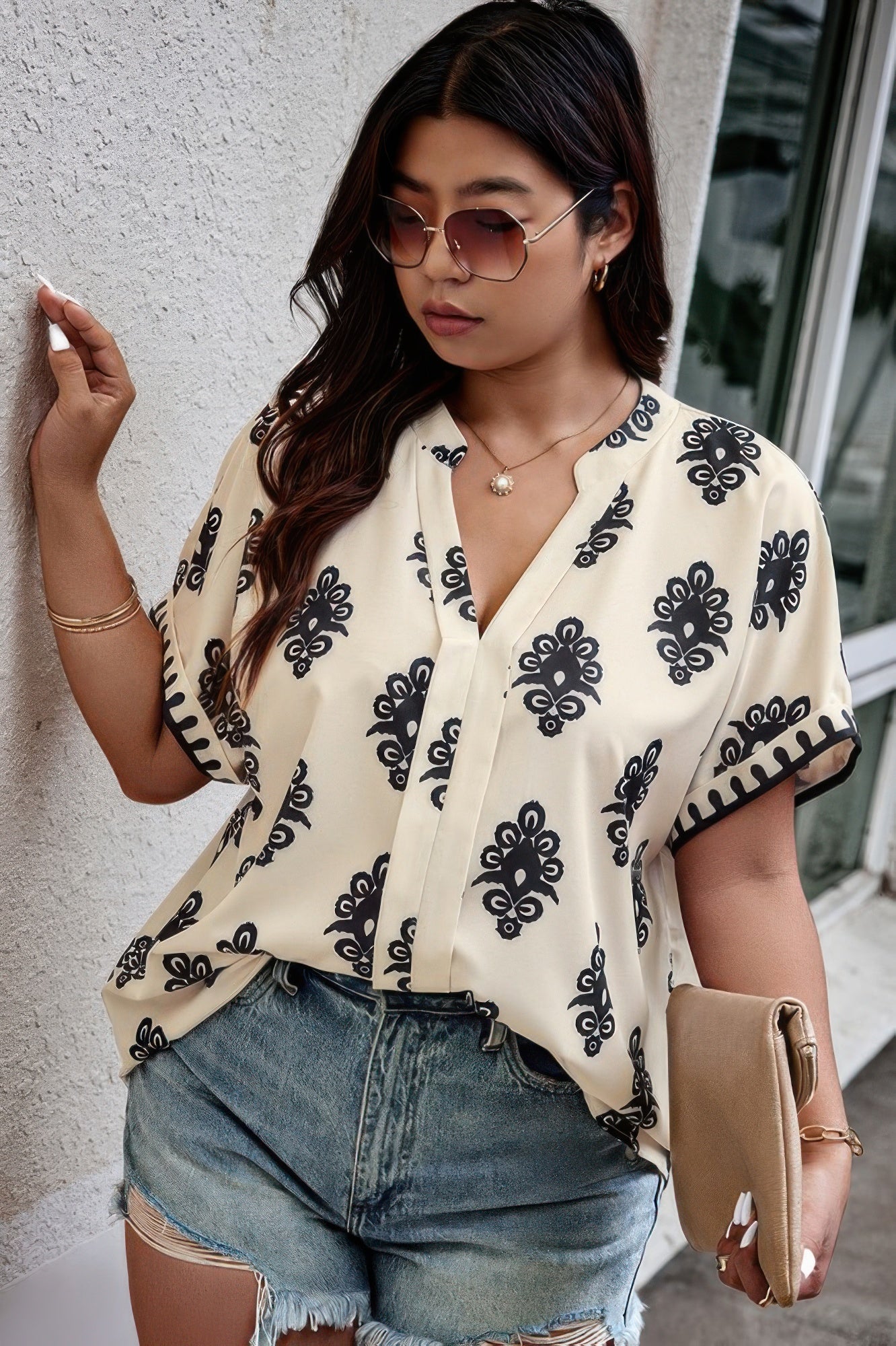 Plus Size Short Sleeve V Neck Printed Blouse product image