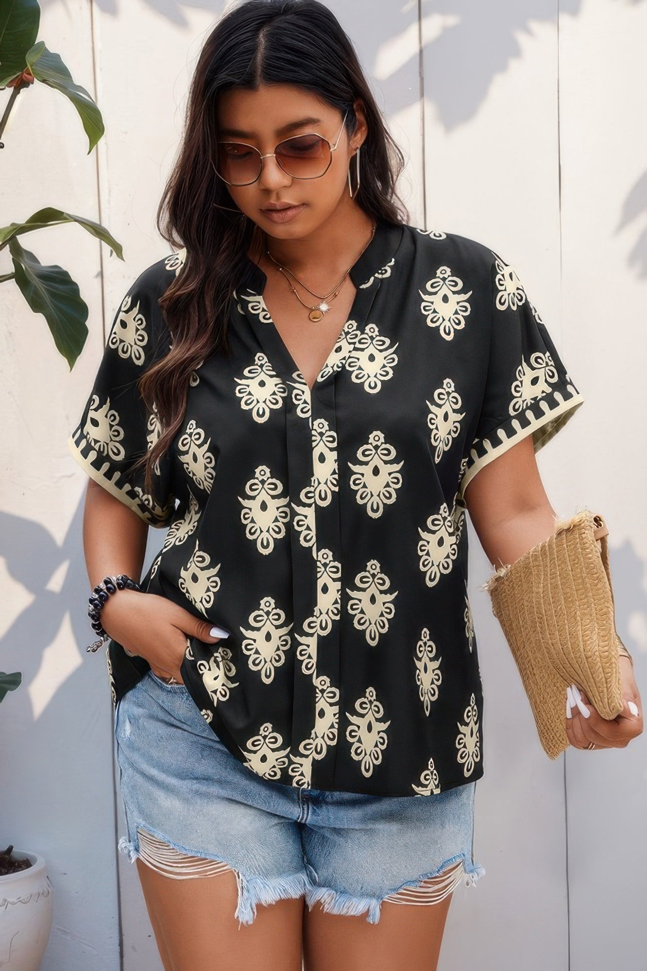 Plus Size Short Sleeve V Neck Printed Blouse product image