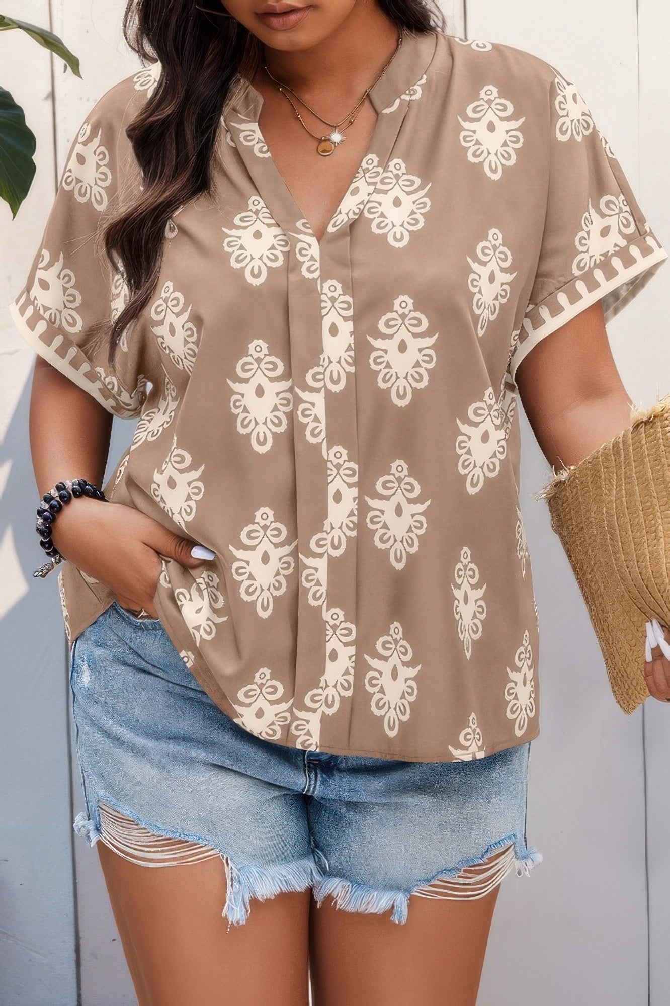 Plus Size Short Sleeve V Neck Printed Blouse product image
