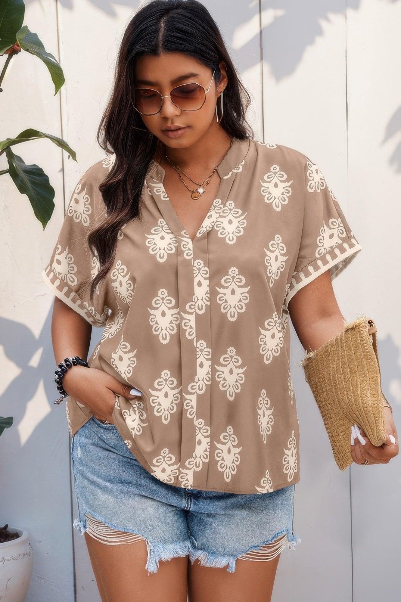 Plus Size Short Sleeve V Neck Printed Blouse product image