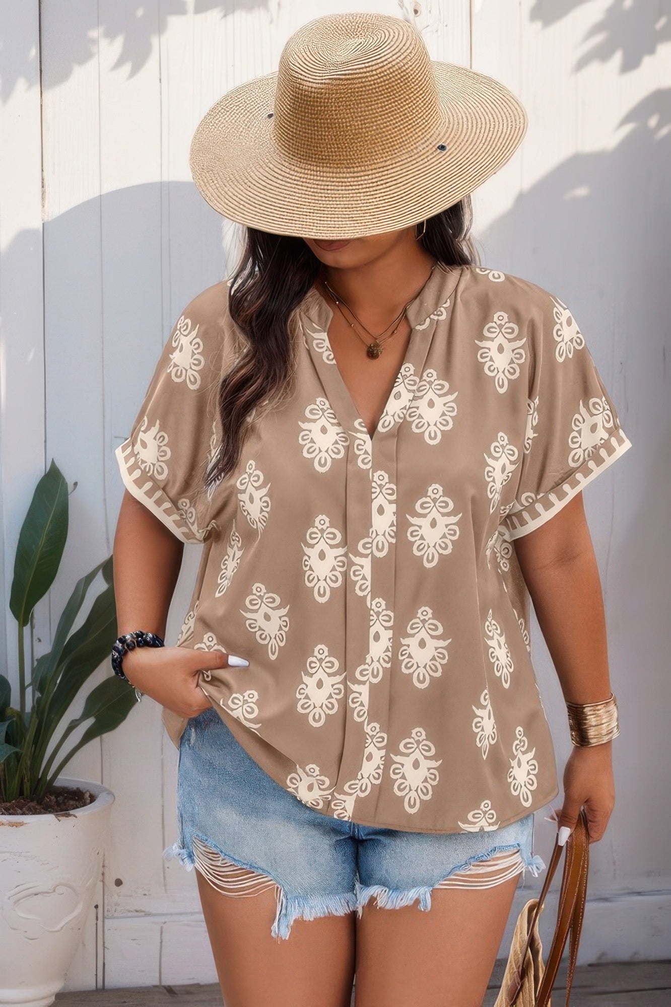 Plus Size Short Sleeve V Neck Printed Blouse product image