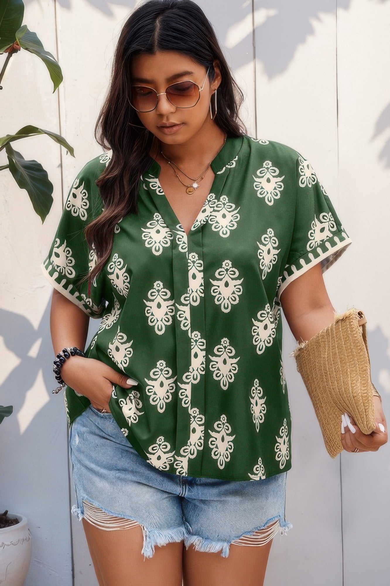 Plus Size Short Sleeve V Neck Printed Blouse product image