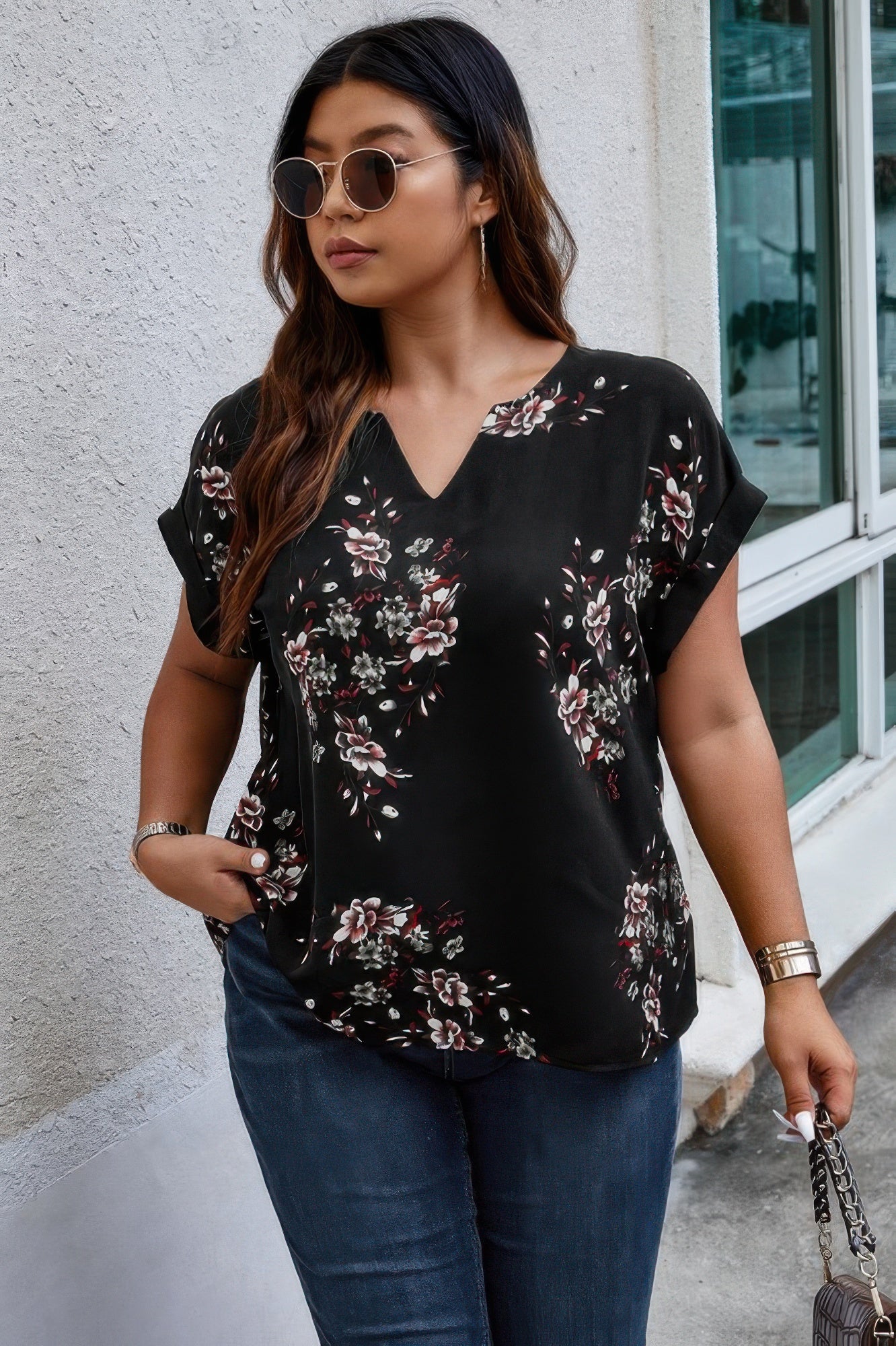 Plus Size Floral Print V Neck Loose Blouse product image