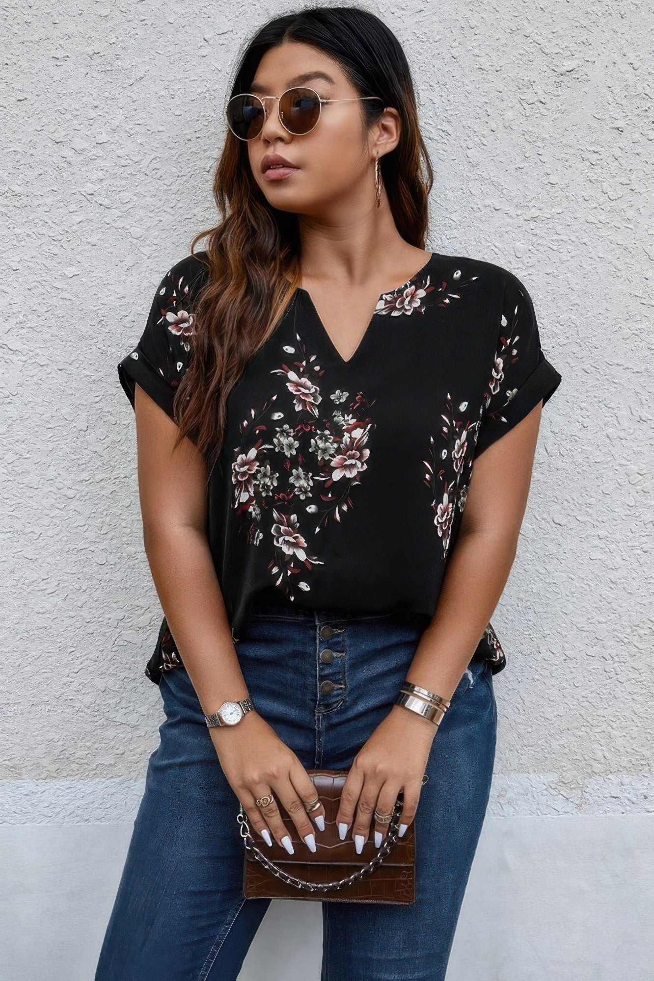 Plus Size Floral Print V Neck Loose Blouse product image