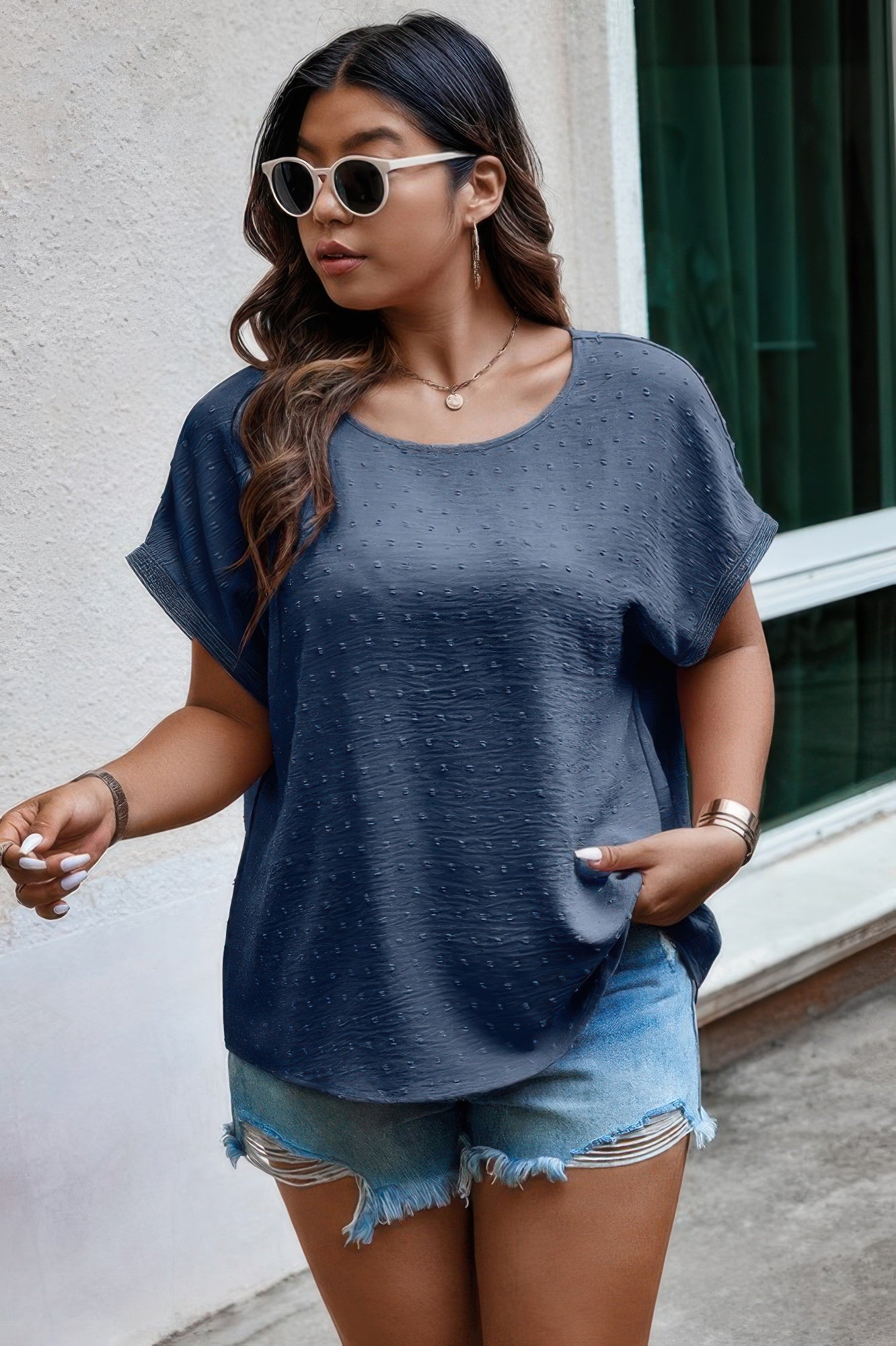 Plus Size Swiss Dot Solid Round Neck Loose Shirt product image