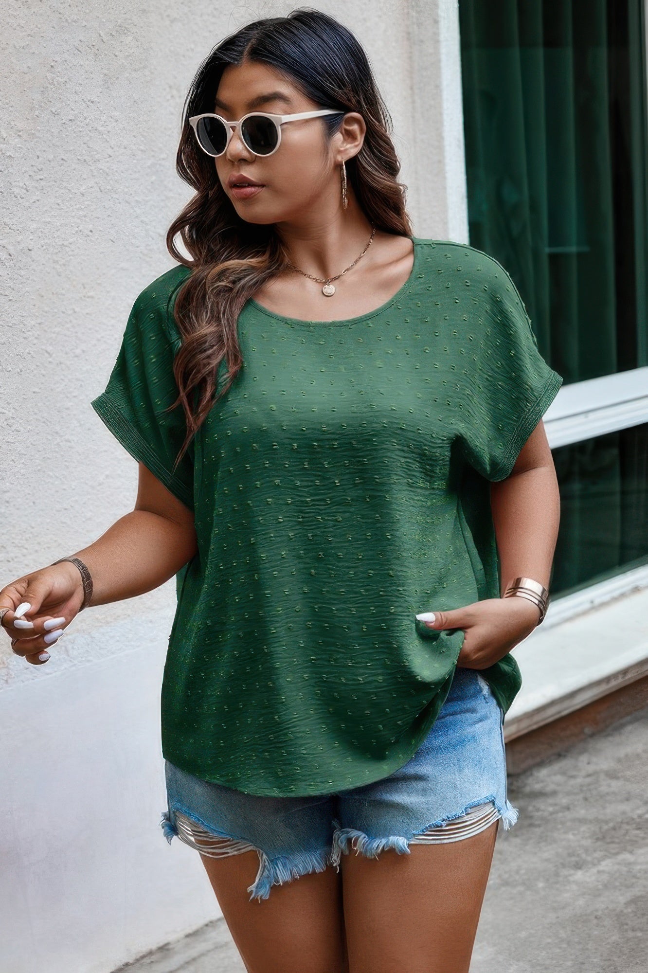 Plus Size Swiss Dot Solid Round Neck Loose Shirt product image