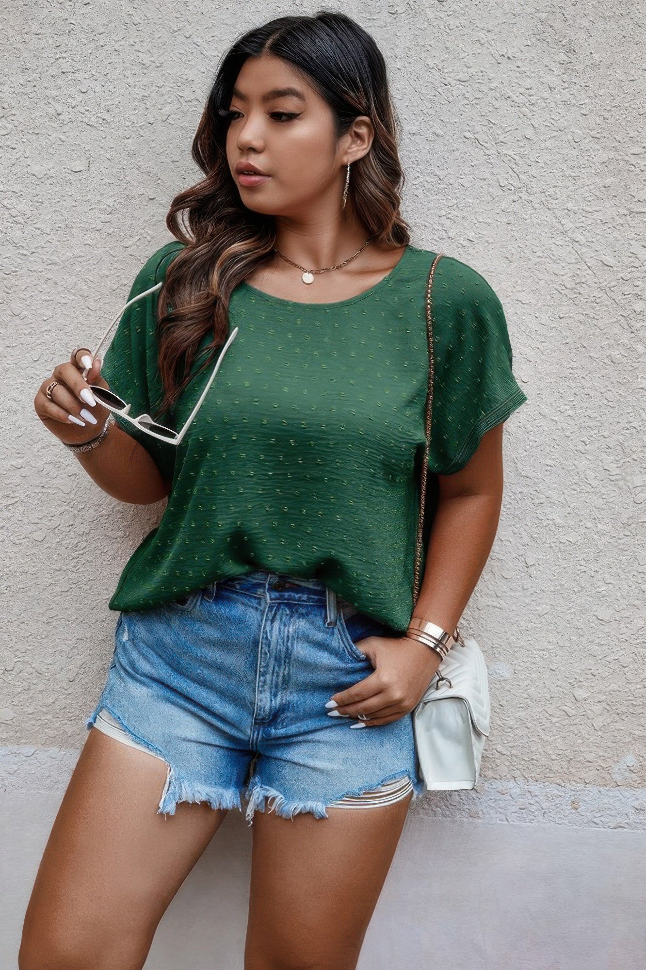 Plus Size Swiss Dot Solid Round Neck Loose Shirt product image