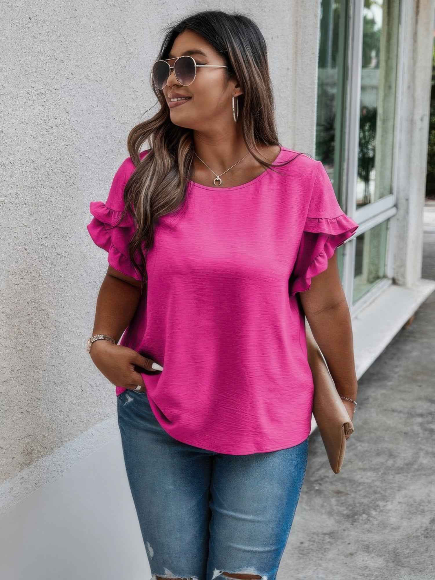 Plus Size Round Neck Ruffle Solid Loose Shirt Plus Size Round Neck Ruffle Solid Loose Shirt