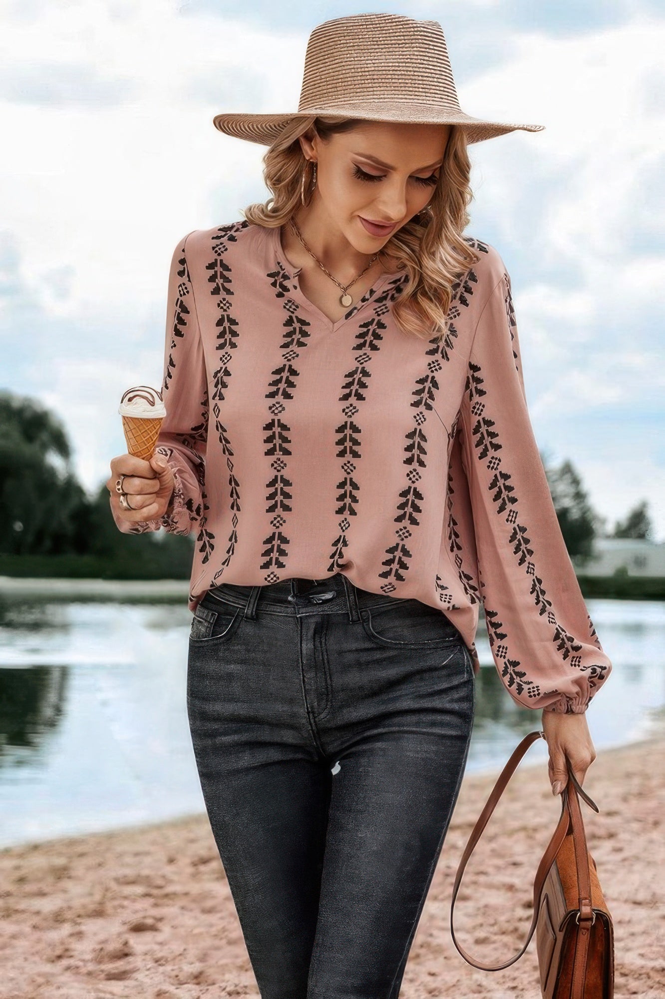 Graphic Print Strip Loose Fit V Neck Blouse product image