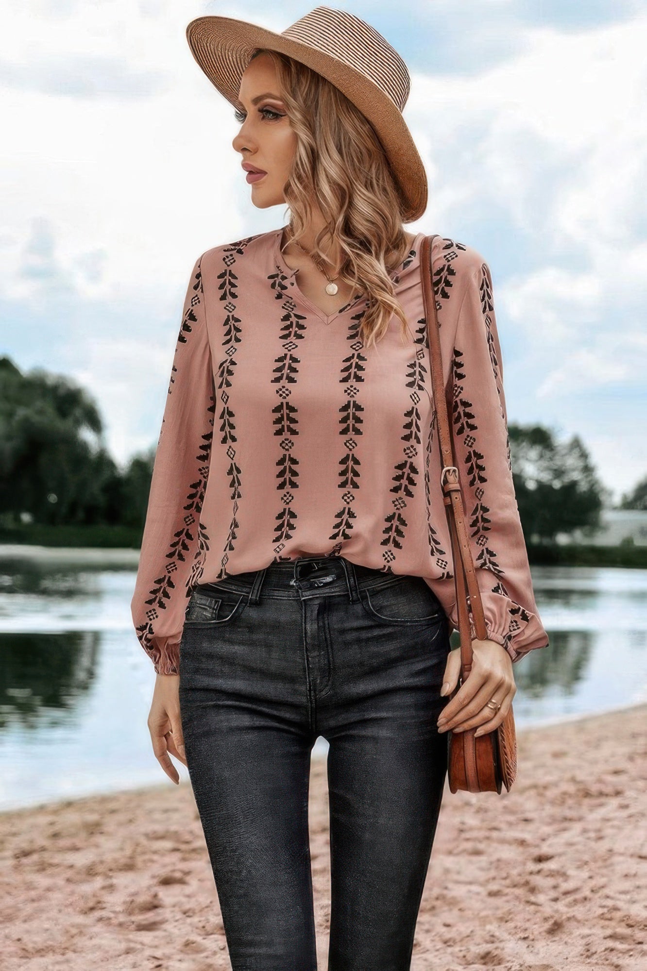 Graphic Print Strip Loose Fit V Neck Blouse product image