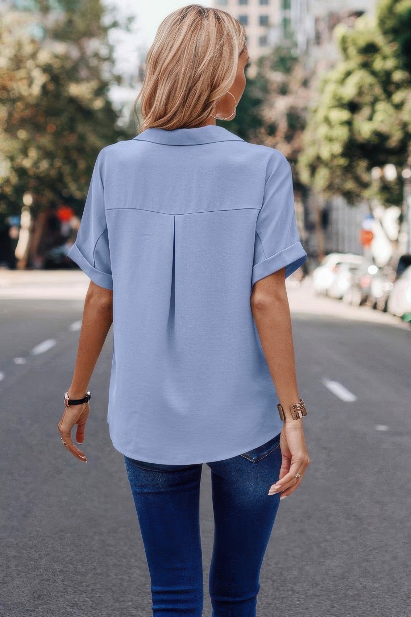 V Neck Button Down Roll Up Sleeve Loose Pocket Blouse product image