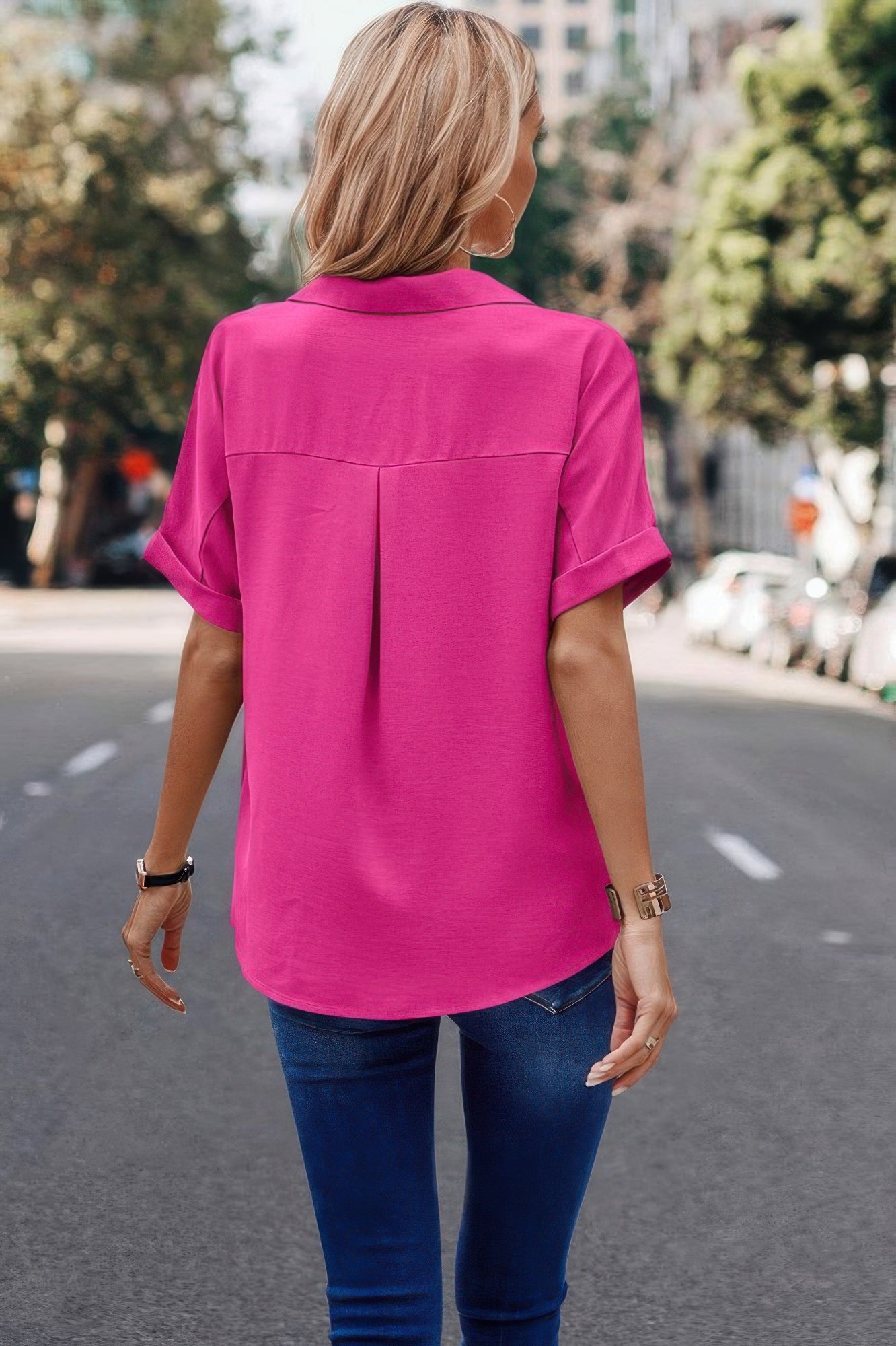 V Neck Button Down Roll Up Sleeve Loose Pocket Blouse product image
