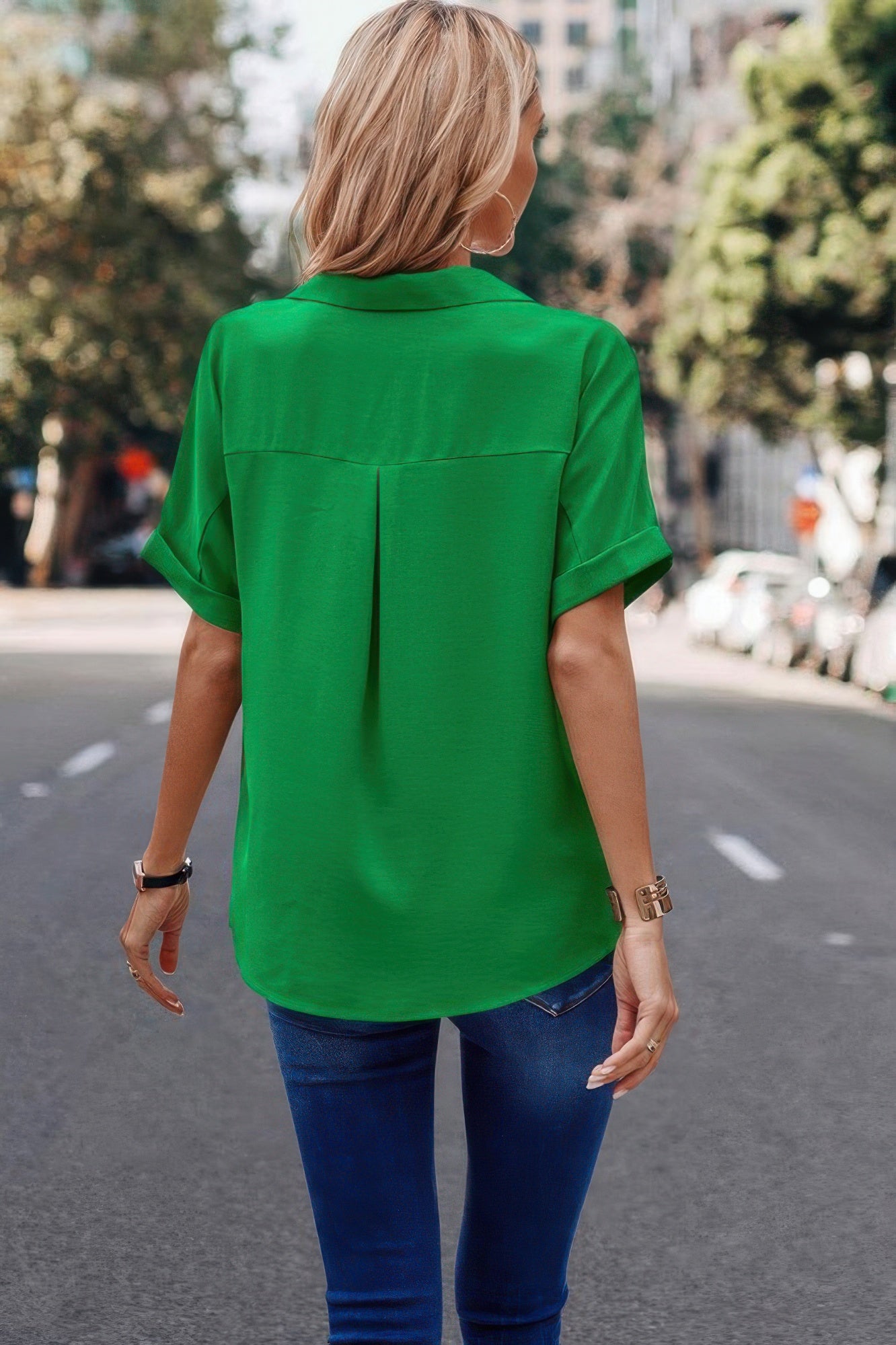 V Neck Button Down Roll Up Sleeve Loose Pocket Blouse product image