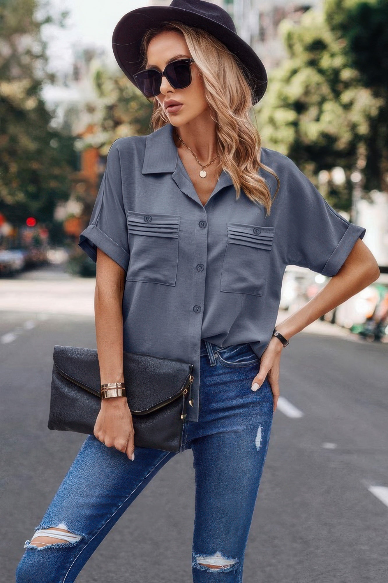 V Neck Button Down Roll Up Sleeve Loose Pocket Blouse product image
