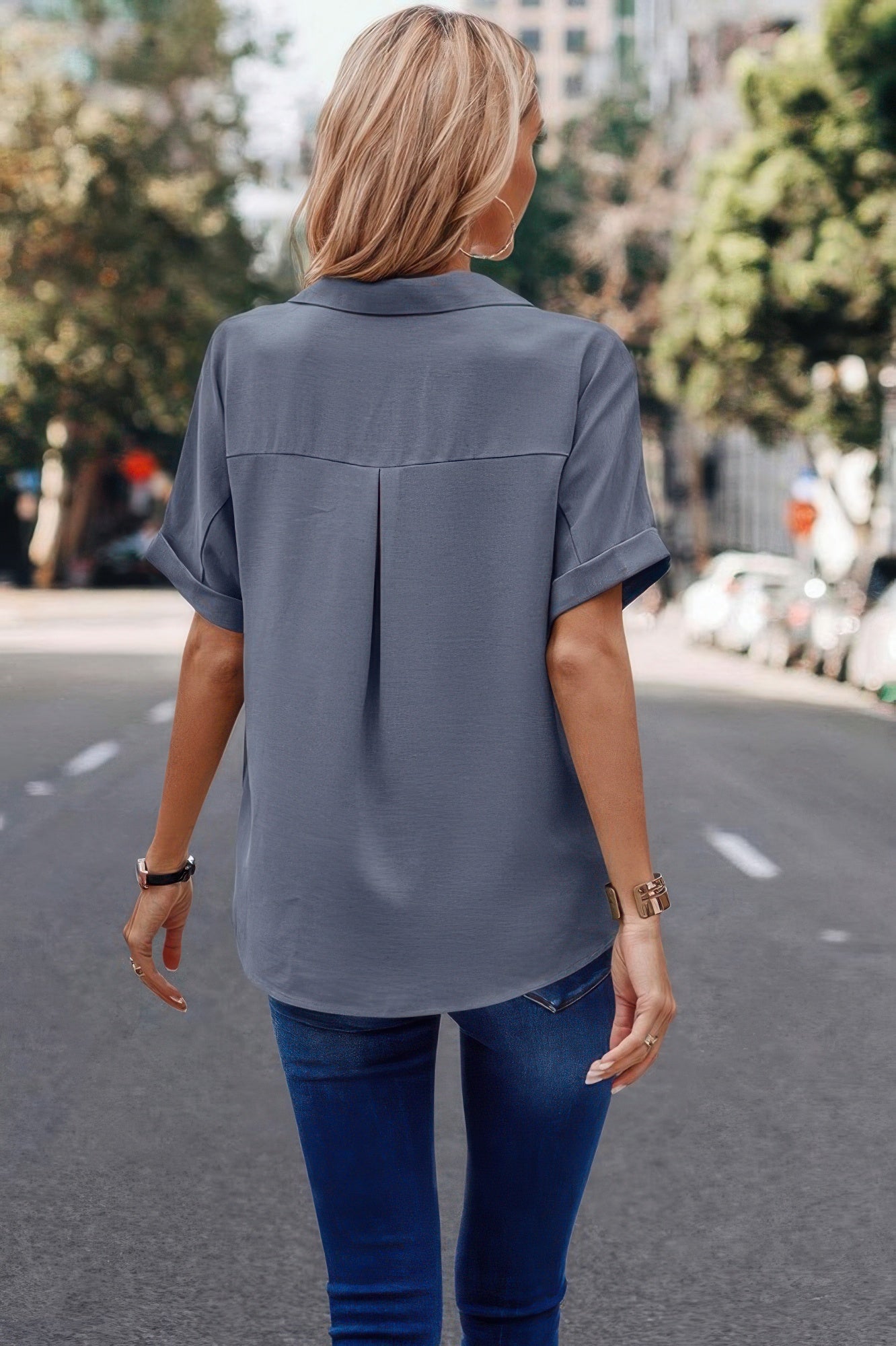 V Neck Button Down Roll Up Sleeve Loose Pocket Blouse product image