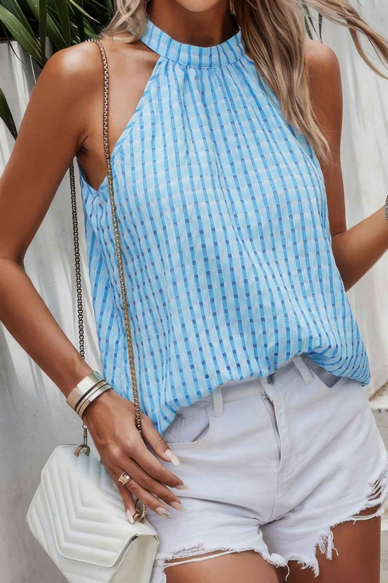 Tartan Halter Sleeveless Cut Out Back Loose Shirt Tartan Halter Sleeveless Cut Out Back Loose Shirt