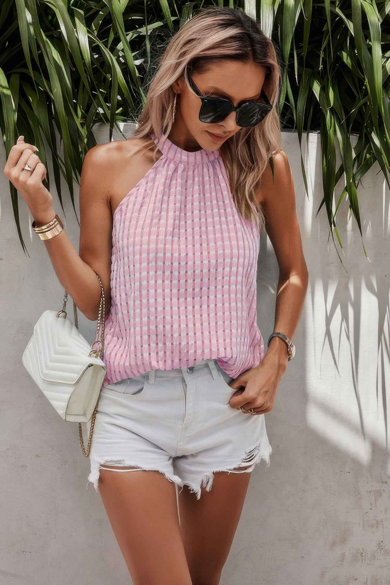 Tartan Halter Sleeveless Cut Out Back Loose Shirt Tartan Halter Sleeveless Cut Out Back Loose Shirt