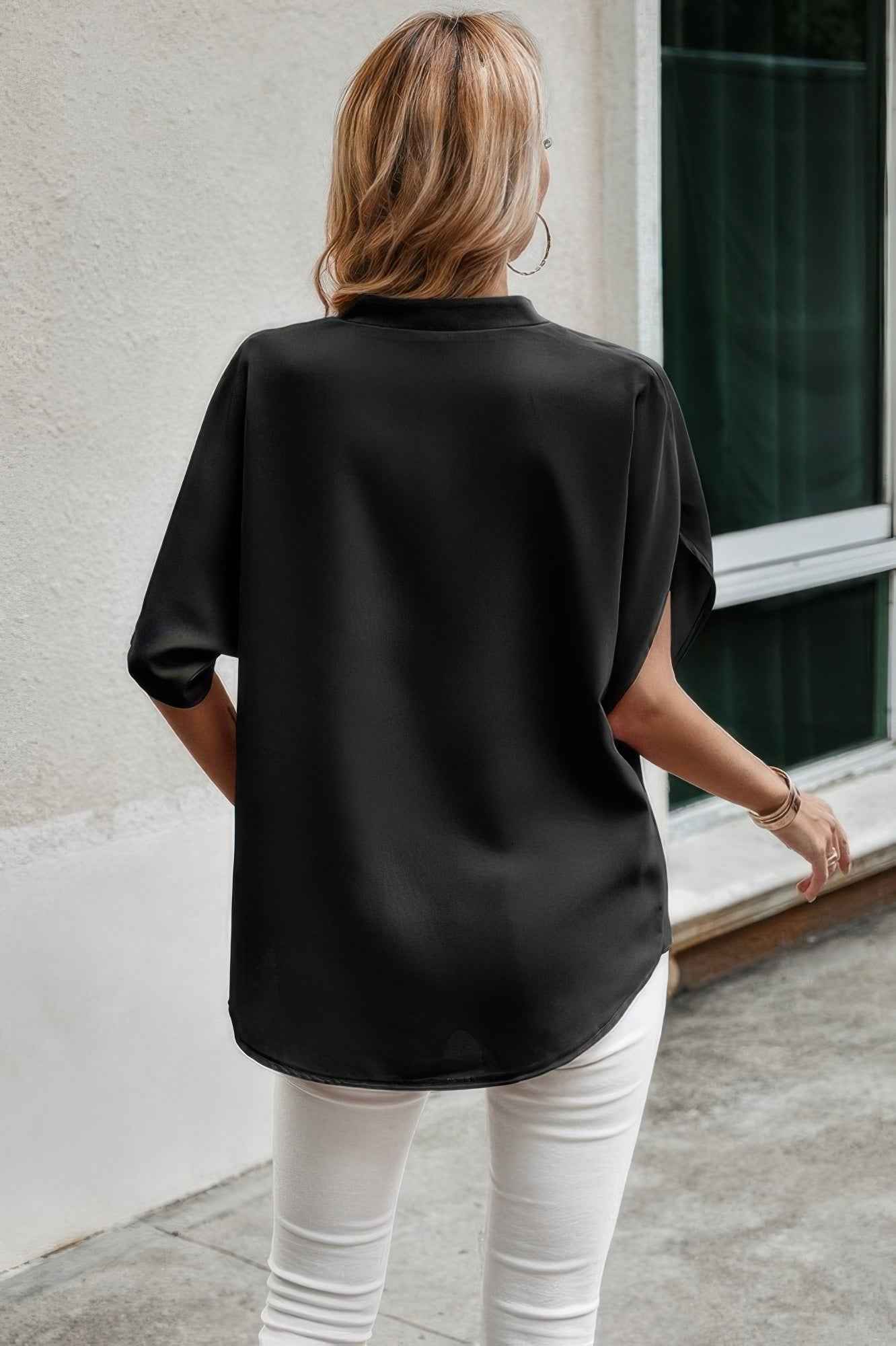 Notched Neck Solid Loose Fit Half Sleeve Blouse Notched Neck Solid Loose Fit Half Sleeve Blouse