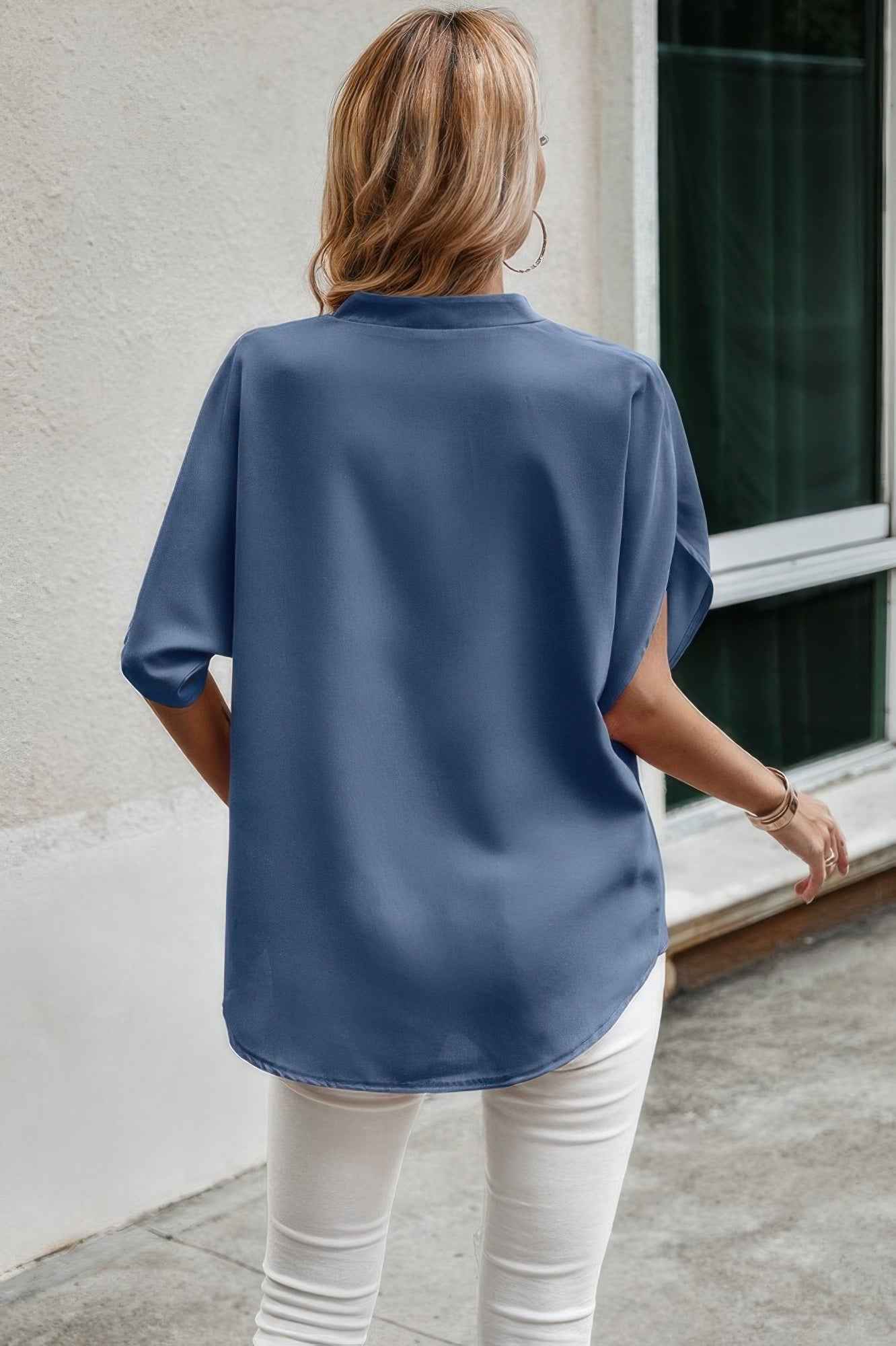 Notched Neck Solid Loose Fit Half Sleeve Blouse Notched Neck Solid Loose Fit Half Sleeve Blouse