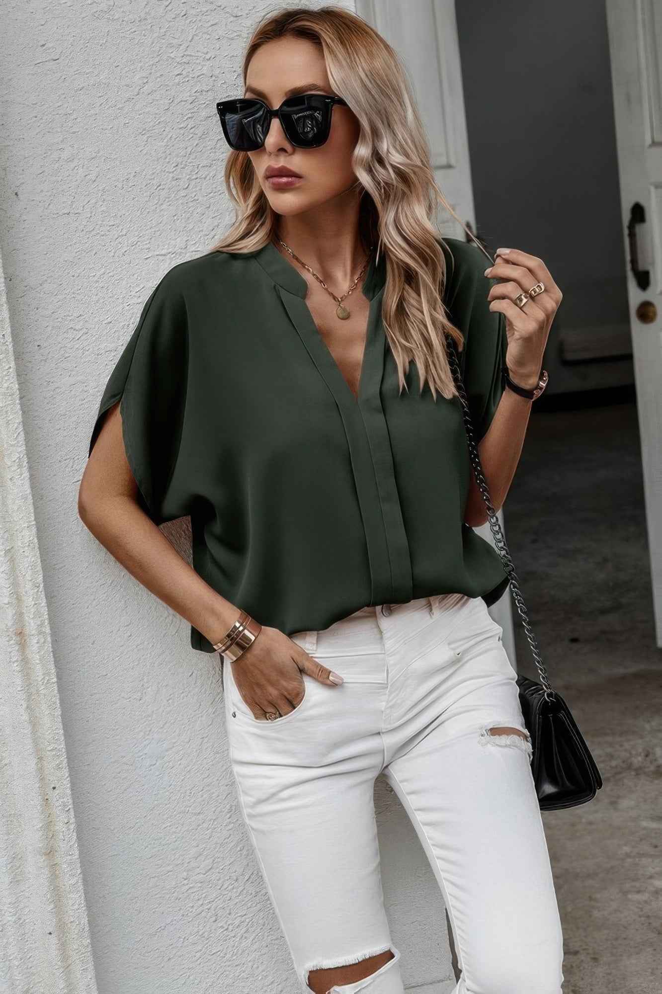 Notched Neck Solid Loose Fit Half Sleeve Blouse Notched Neck Solid Loose Fit Half Sleeve Blouse