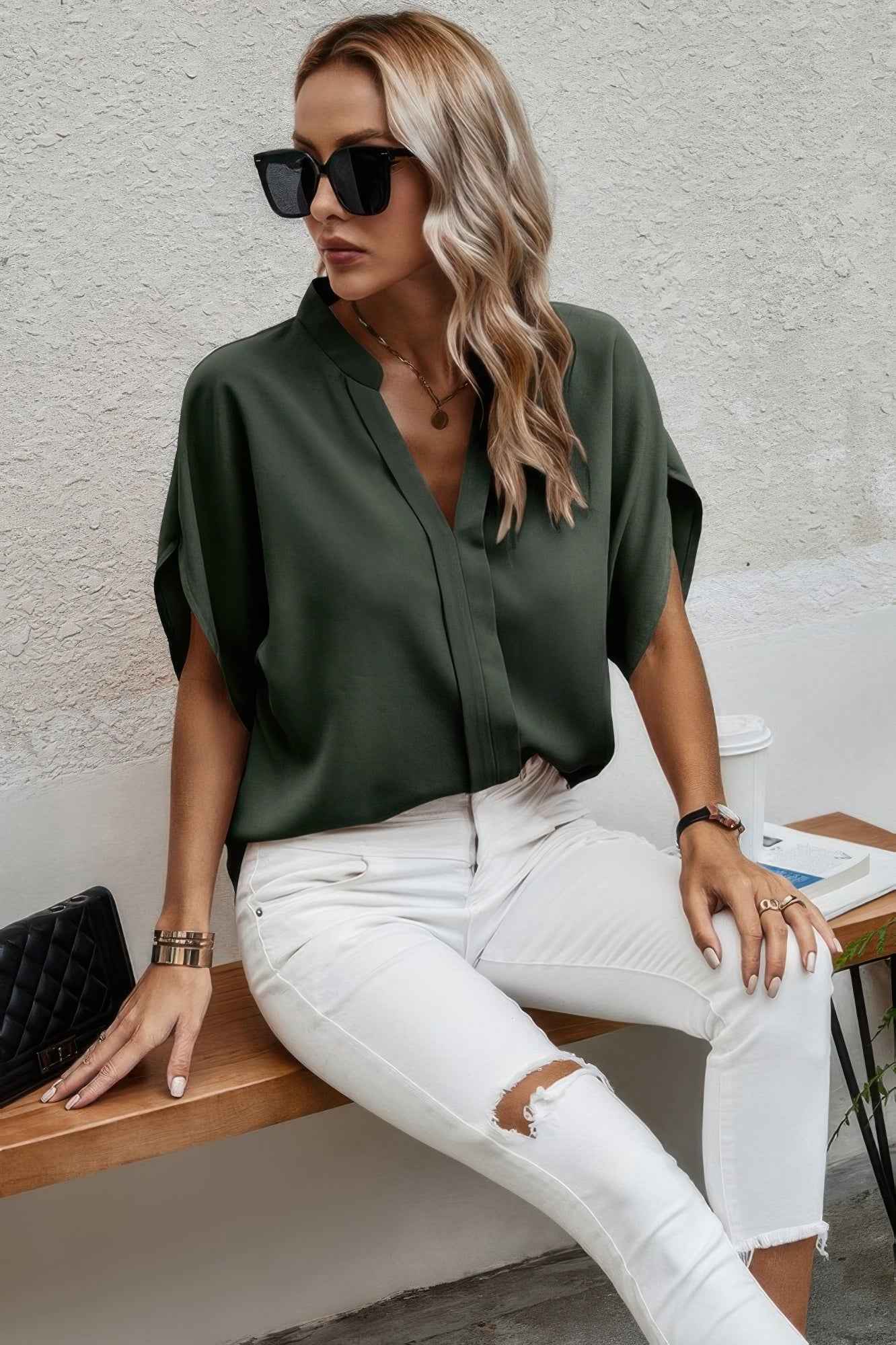 Notched Neck Solid Loose Fit Half Sleeve Blouse Notched Neck Solid Loose Fit Half Sleeve Blouse