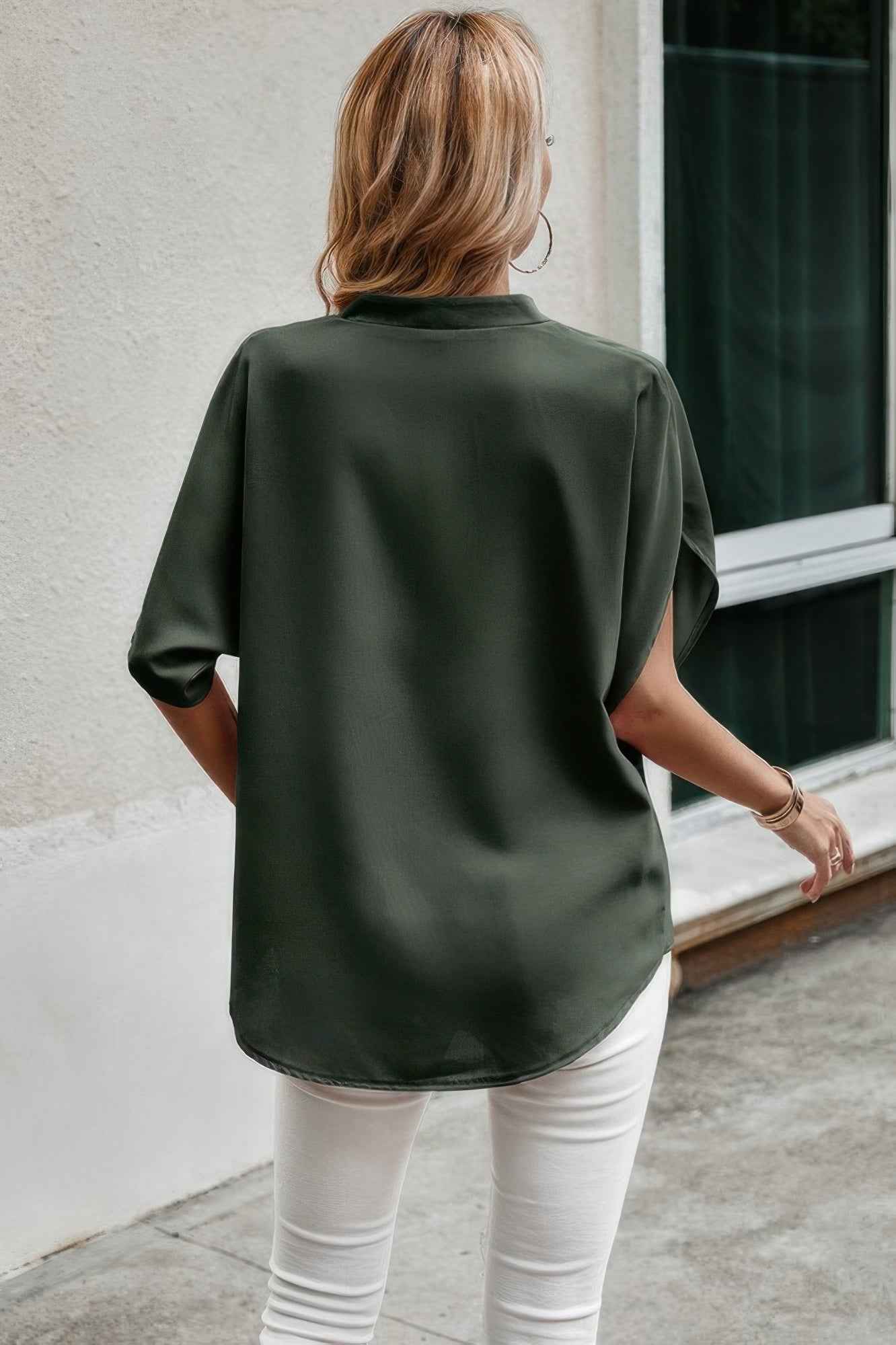 Notched Neck Solid Loose Fit Half Sleeve Blouse Notched Neck Solid Loose Fit Half Sleeve Blouse