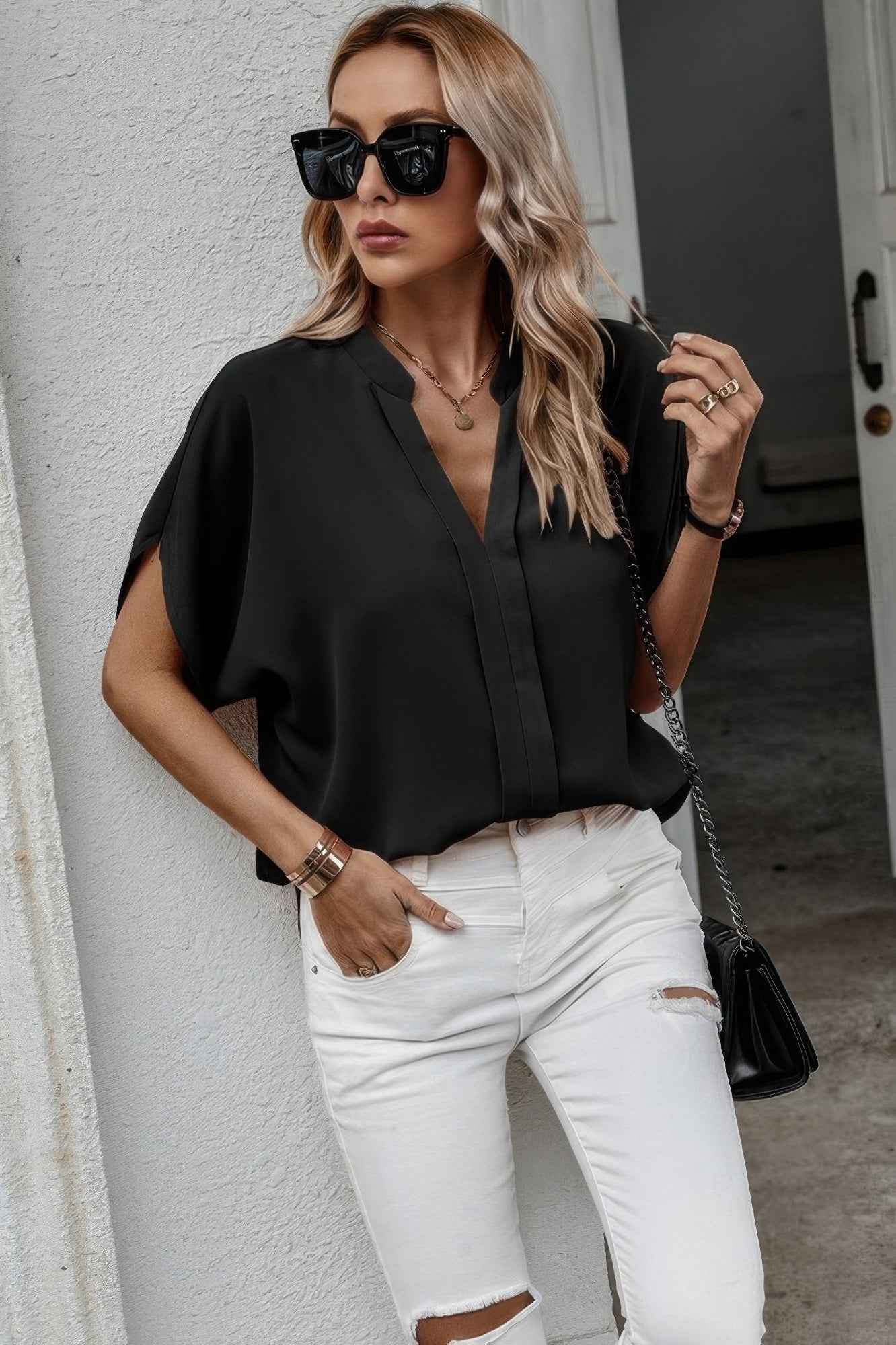 Notched Neck Solid Loose Fit Half Sleeve Blouse Notched Neck Solid Loose Fit Half Sleeve Blouse