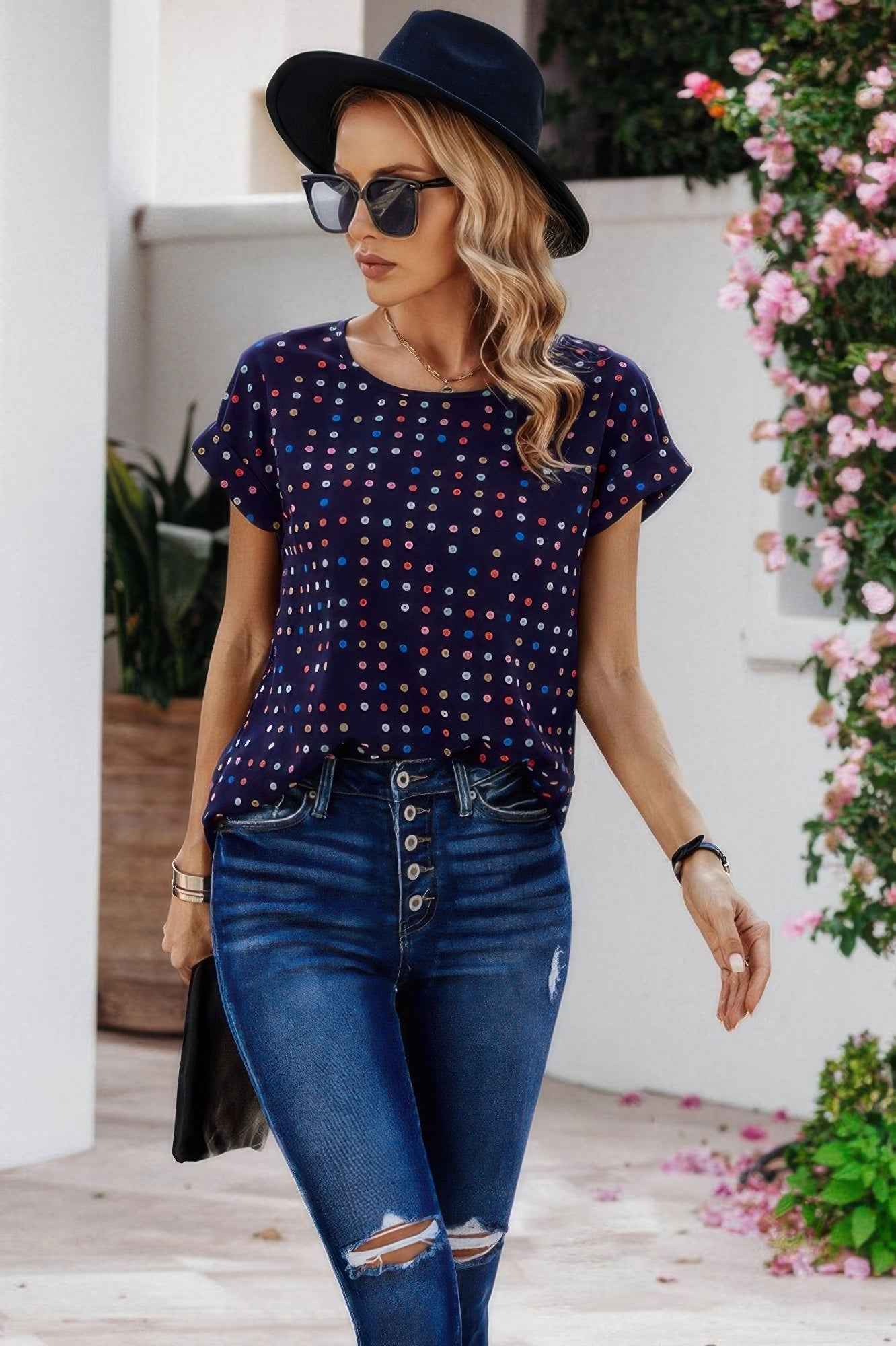 Scoop Neck Polka Dot Batwing Sleeve Blouse Scoop Neck Polka Dot Batwing Sleeve Blouse