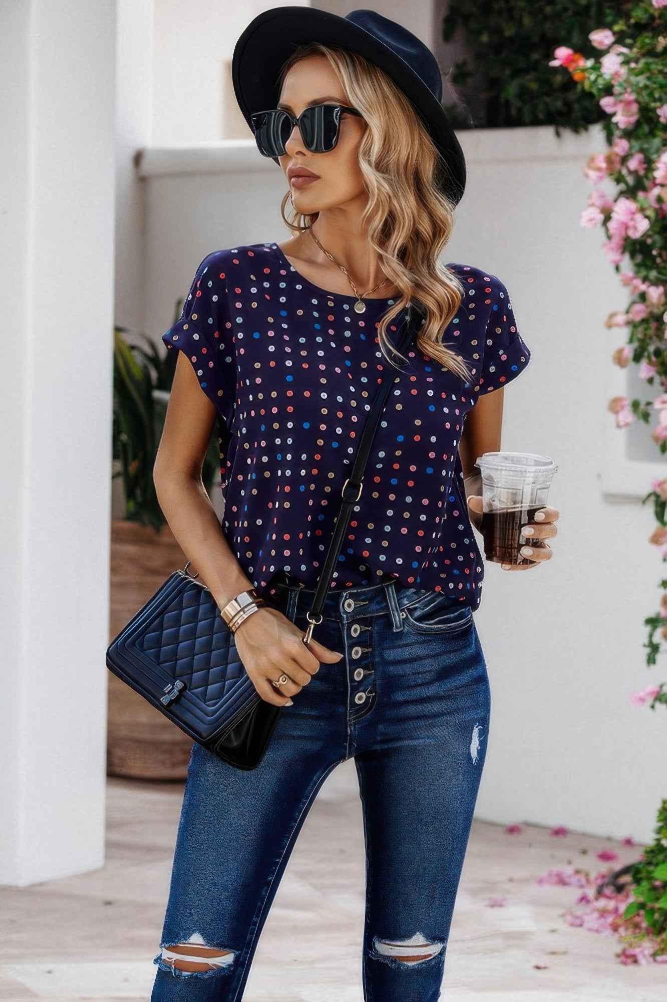 Scoop Neck Polka Dot Batwing Sleeve Blouse Scoop Neck Polka Dot Batwing Sleeve Blouse