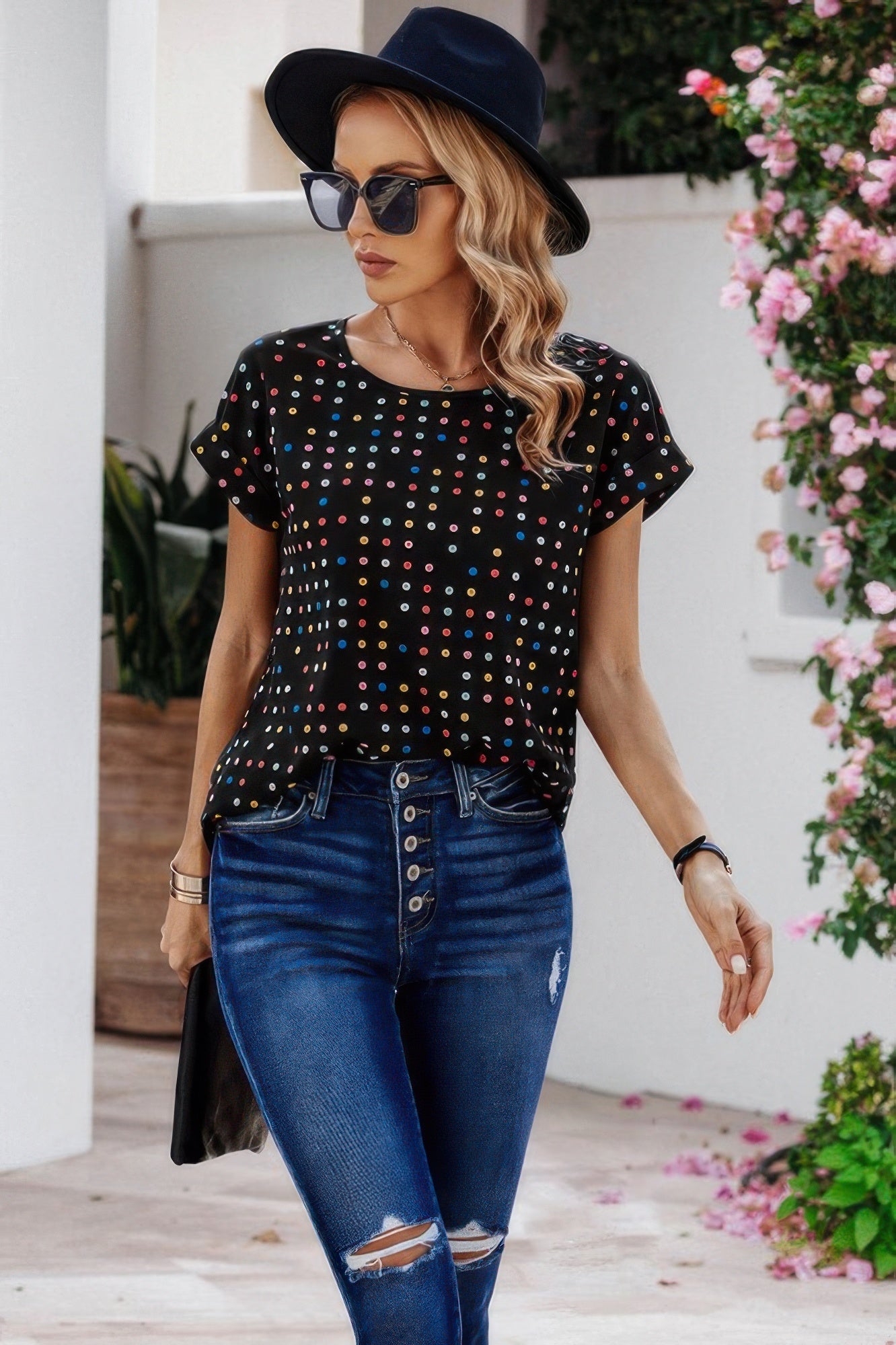 Scoop Neck Polka Dot Batwing Sleeve Blouse product image