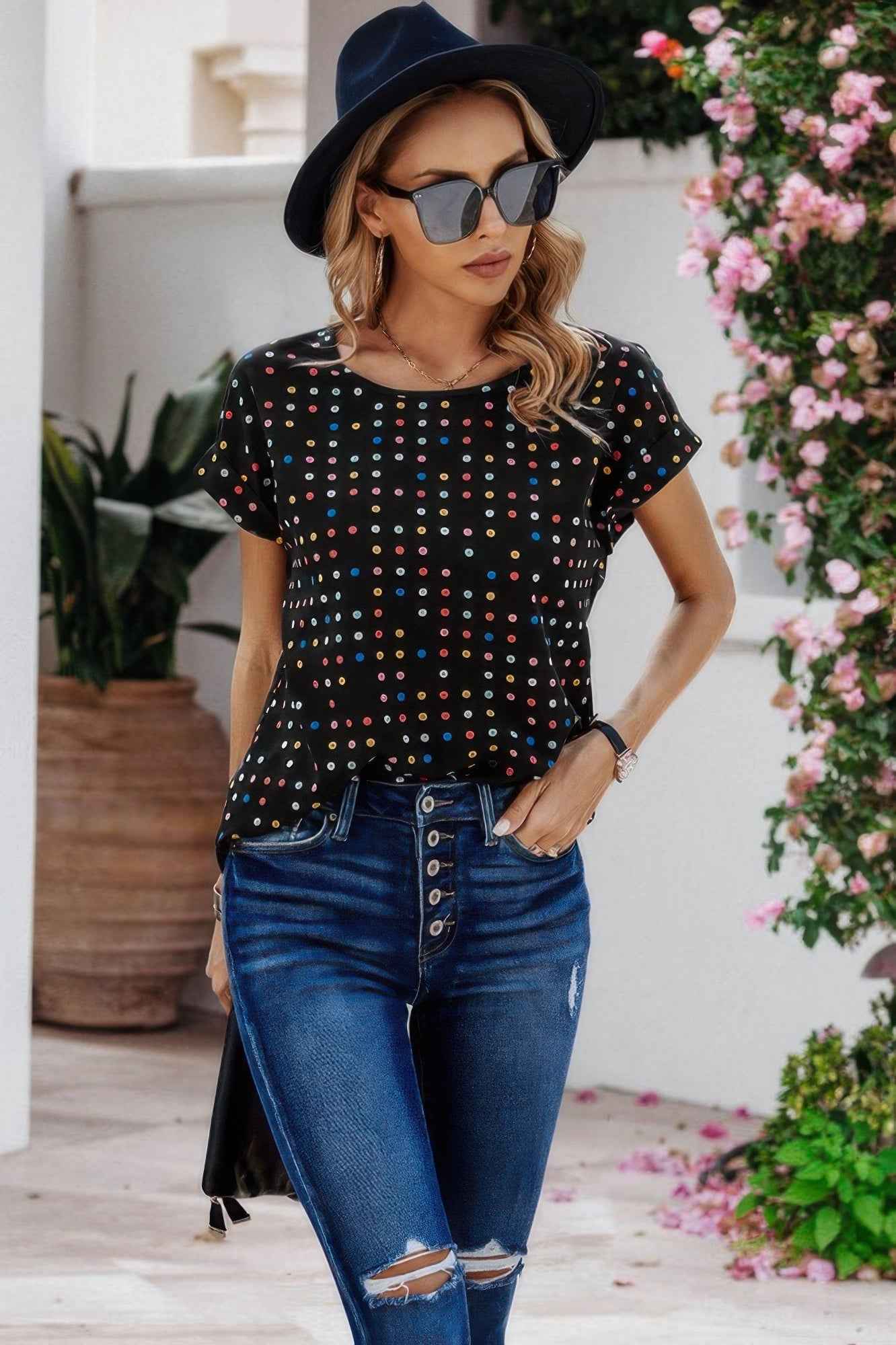 Scoop Neck Polka Dot Batwing Sleeve Blouse Scoop Neck Polka Dot Batwing Sleeve Blouse