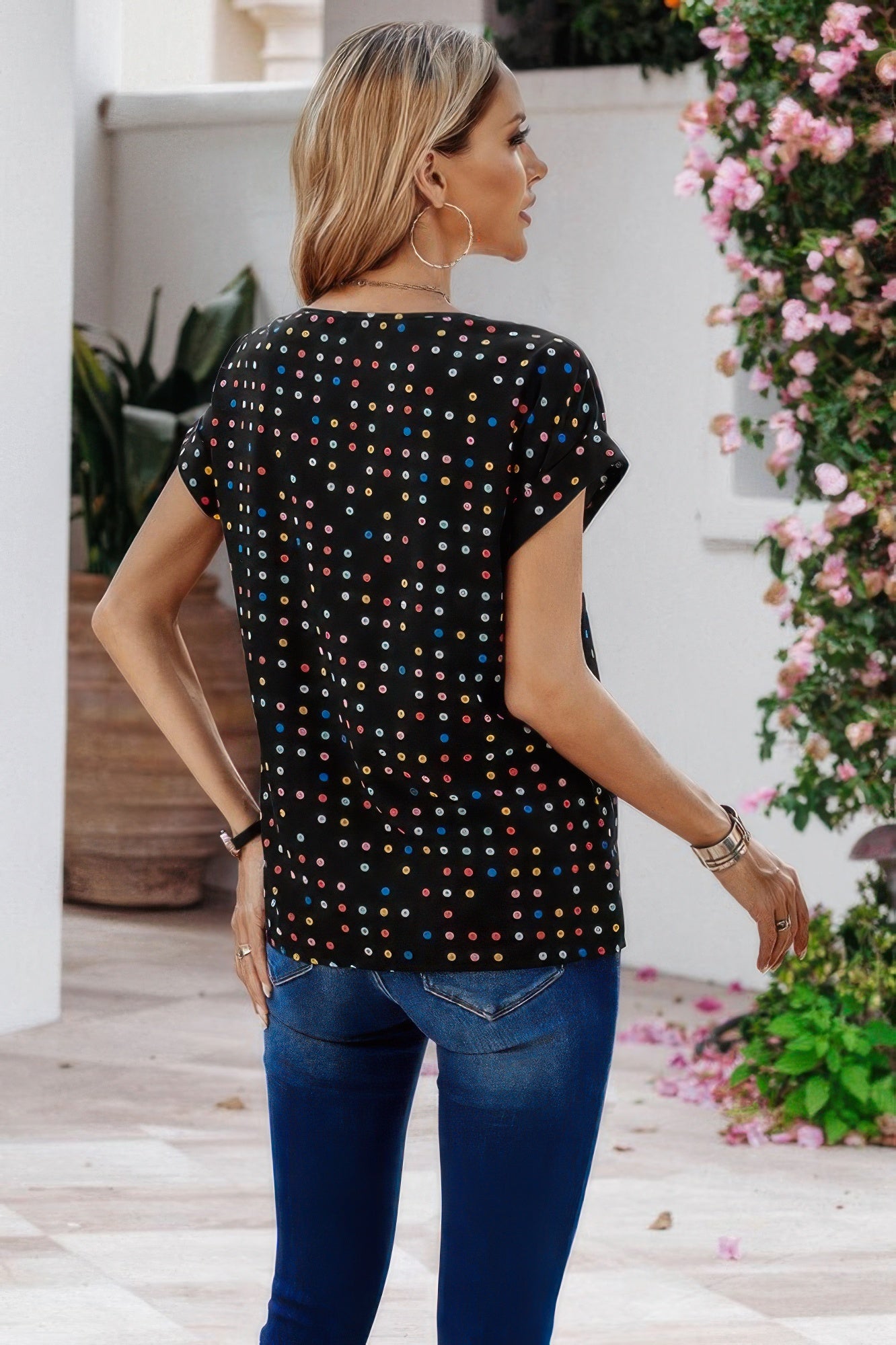Scoop Neck Polka Dot Batwing Sleeve Blouse product image