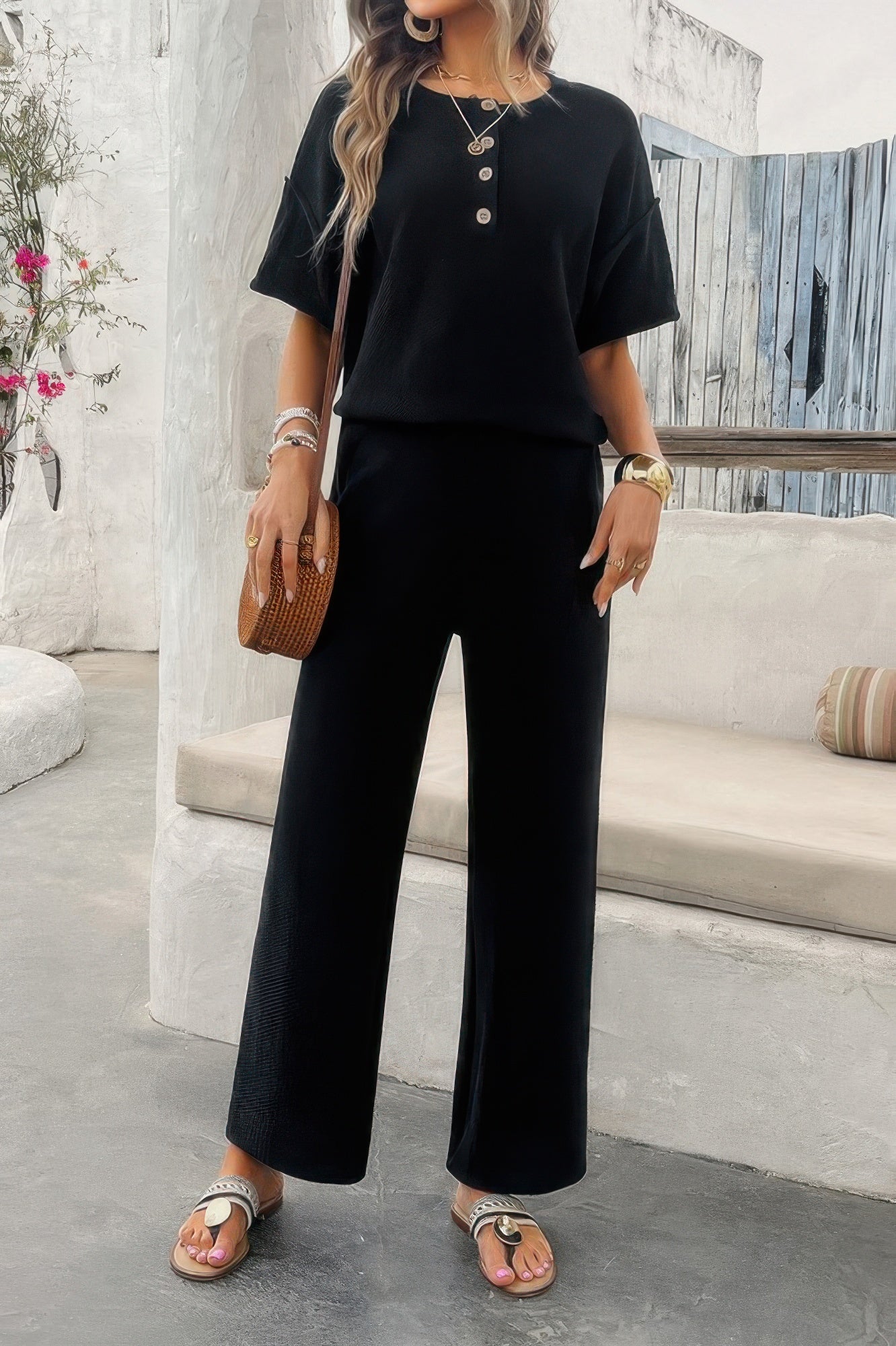 Two Pieces Outfits Knitted Crew Neck Button Set product image