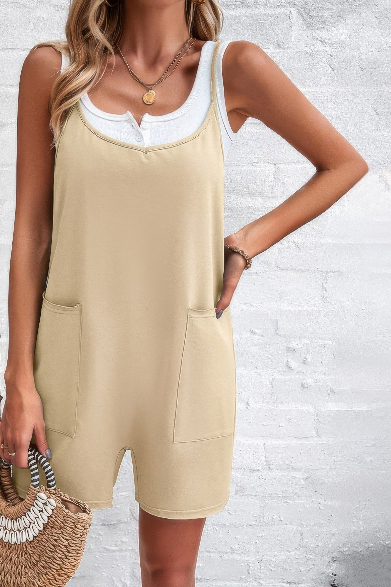 Scoop Neck Spaghetti Straps Loose Fit Solid Romper product image