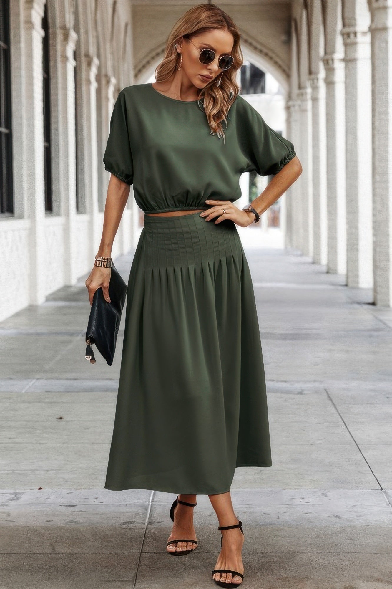 Two Pieces Solid Color Loose Puff Sleeve Pleated Shirt product image