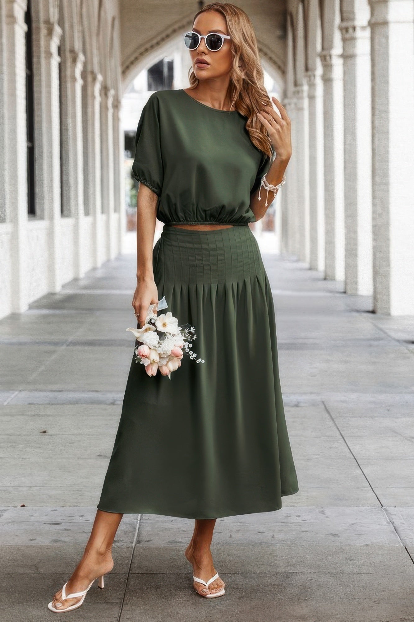 Two Pieces Solid Color Loose Puff Sleeve Pleated Shirt product image