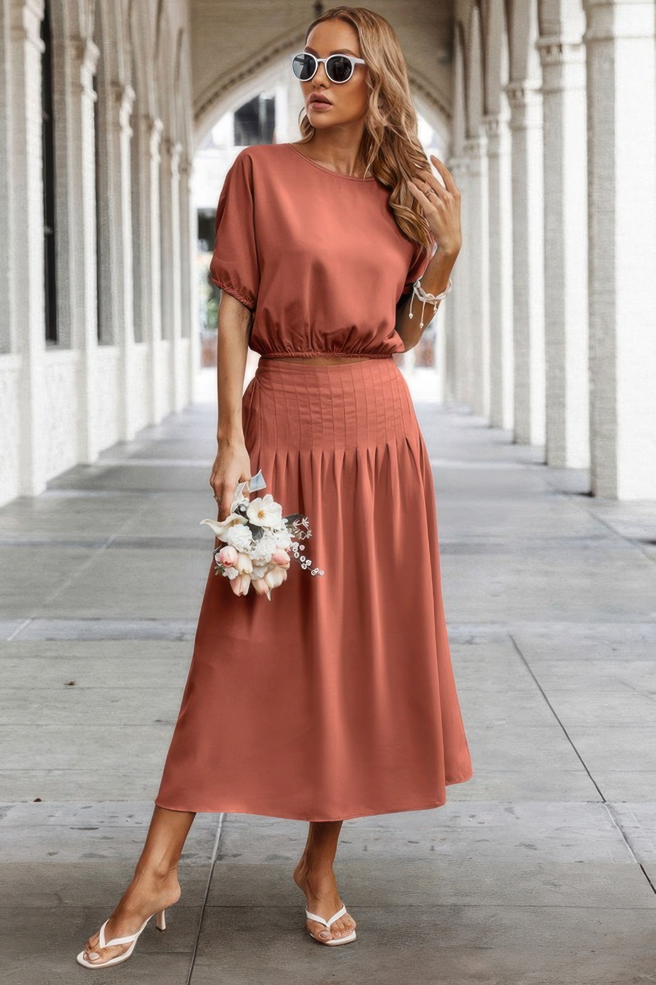 Two Pieces Solid Color Loose Puff Sleeve Pleated Shirt product image