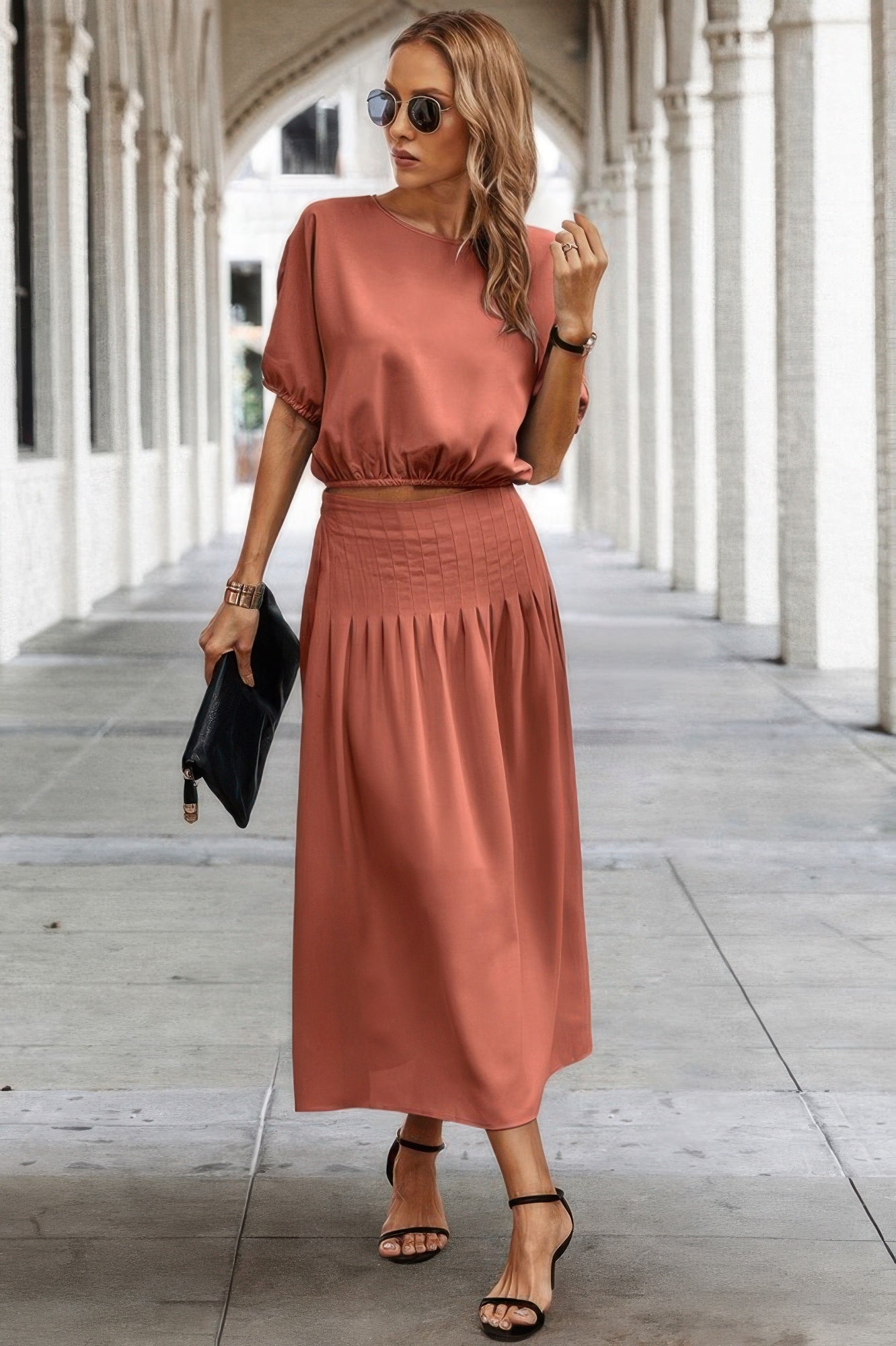 Two Pieces Solid Color Loose Puff Sleeve Pleated Shirt product image