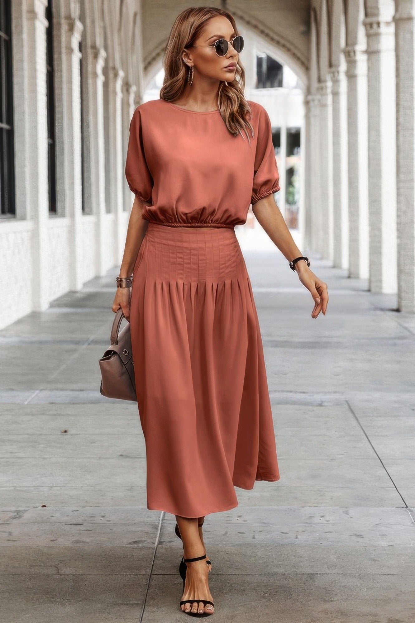 Two Pieces Solid Color Loose Puff Sleeve Pleated Shirt product image