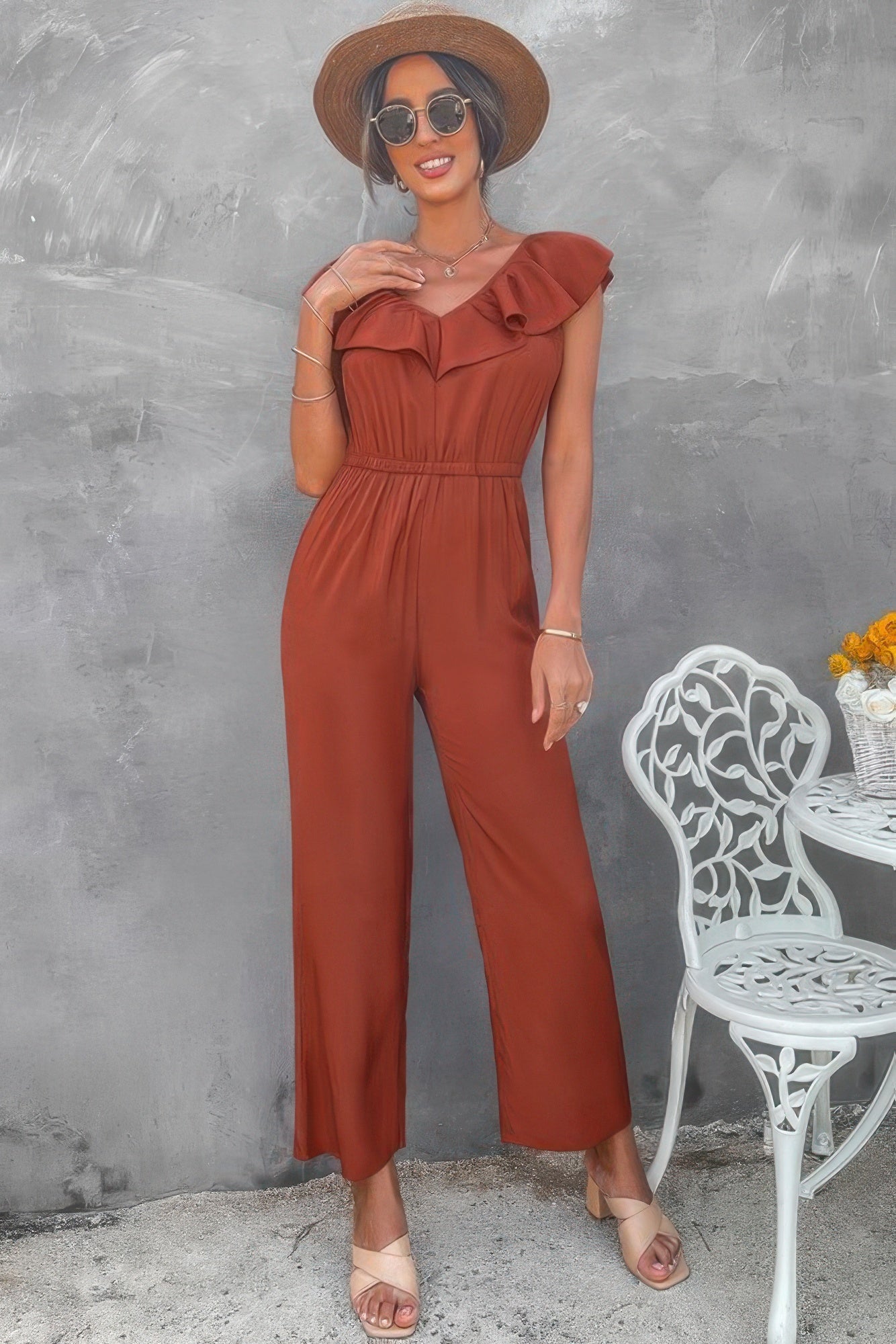 Solid Ruffle Trim V Neck Fit Jumpsuit product image